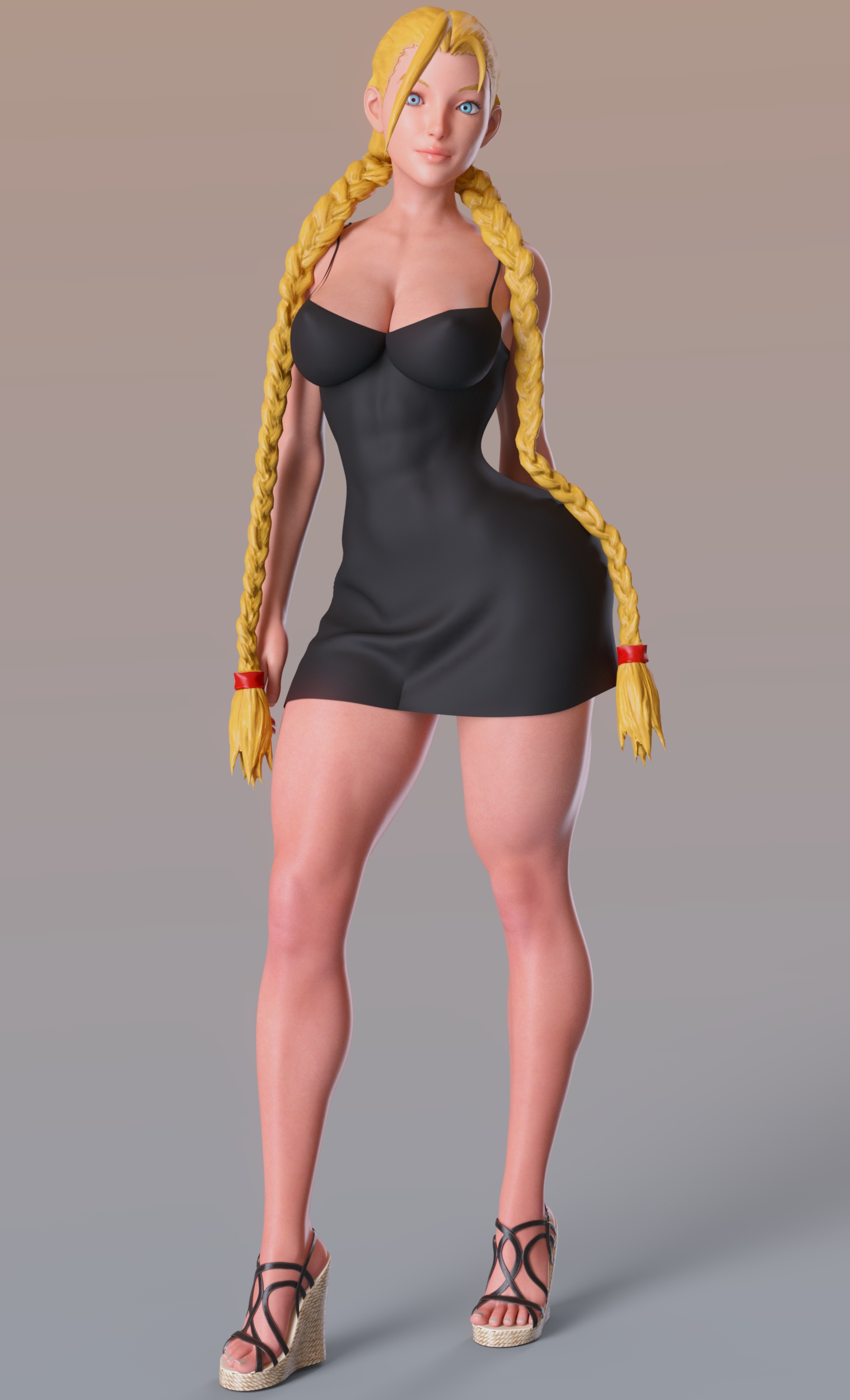 1girls, 3d, abs, blonde hair, blue eyes, braided hair, breasts, cammy white, capcom, child bearing hips, cleavage, female, female only, fit, fit female, high heels, large breasts, little black dress, looking at viewer, platform heels, ruidx, street fighter, twin braids, twintails, voluptuous, wedge heels, wide hips