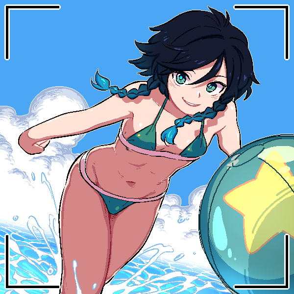 1:1 1boy 2021 beach beach_ball bikini braid bulge cloud crossdressing femboy genshin_impact gradient_hair green_bikini green_eyes green_hair hair_between_eyes holding_ball kingbawoon leaning_forward looking_at_viewer male male_only matching_hair/eyes multicolored_hair navel ocean open_mouth outdoors partially_submerged pixel_art short_hair sky smile solo standing swimsuit teeth thighs tied_hair trap twin_braids two_tone_hair venti_(genshin_impact) water