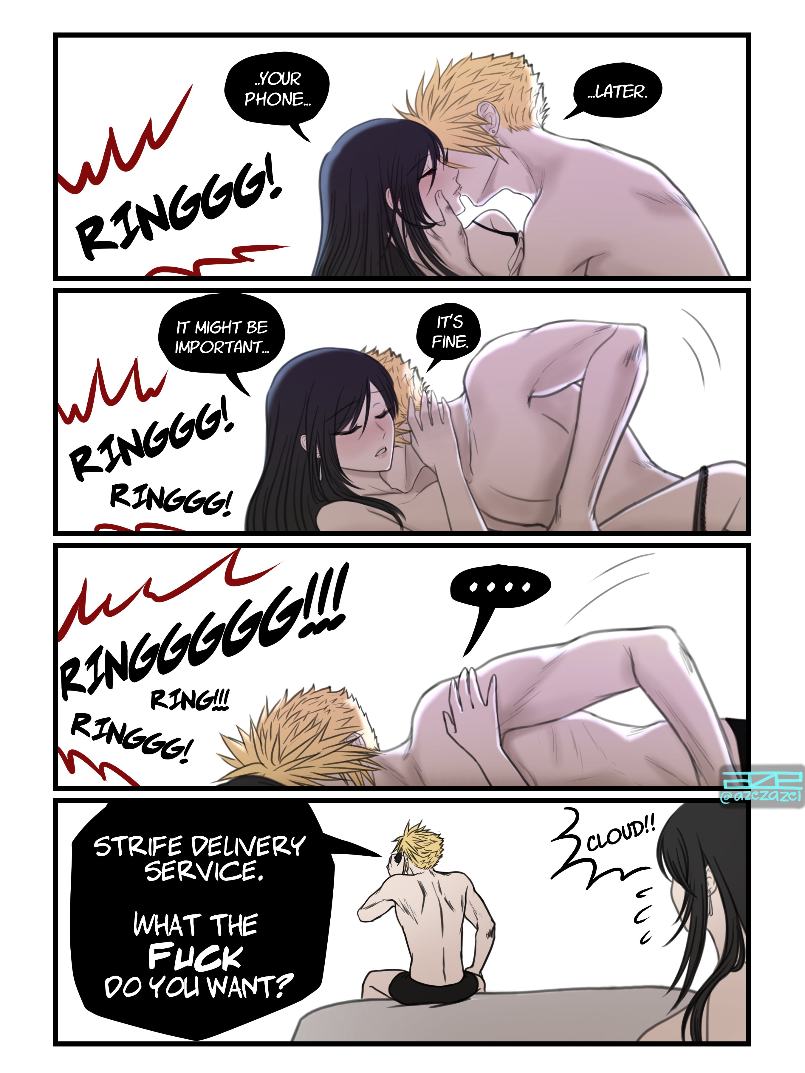 1boy, 1girls, 4koma, azezazel, cloud strife, comic, comic page, female, final fantasy, final fantasy vii, humor, imminent sex, implied nudity, interrupted, male, nude, phone call, speech bubble, text, tifa lockhart