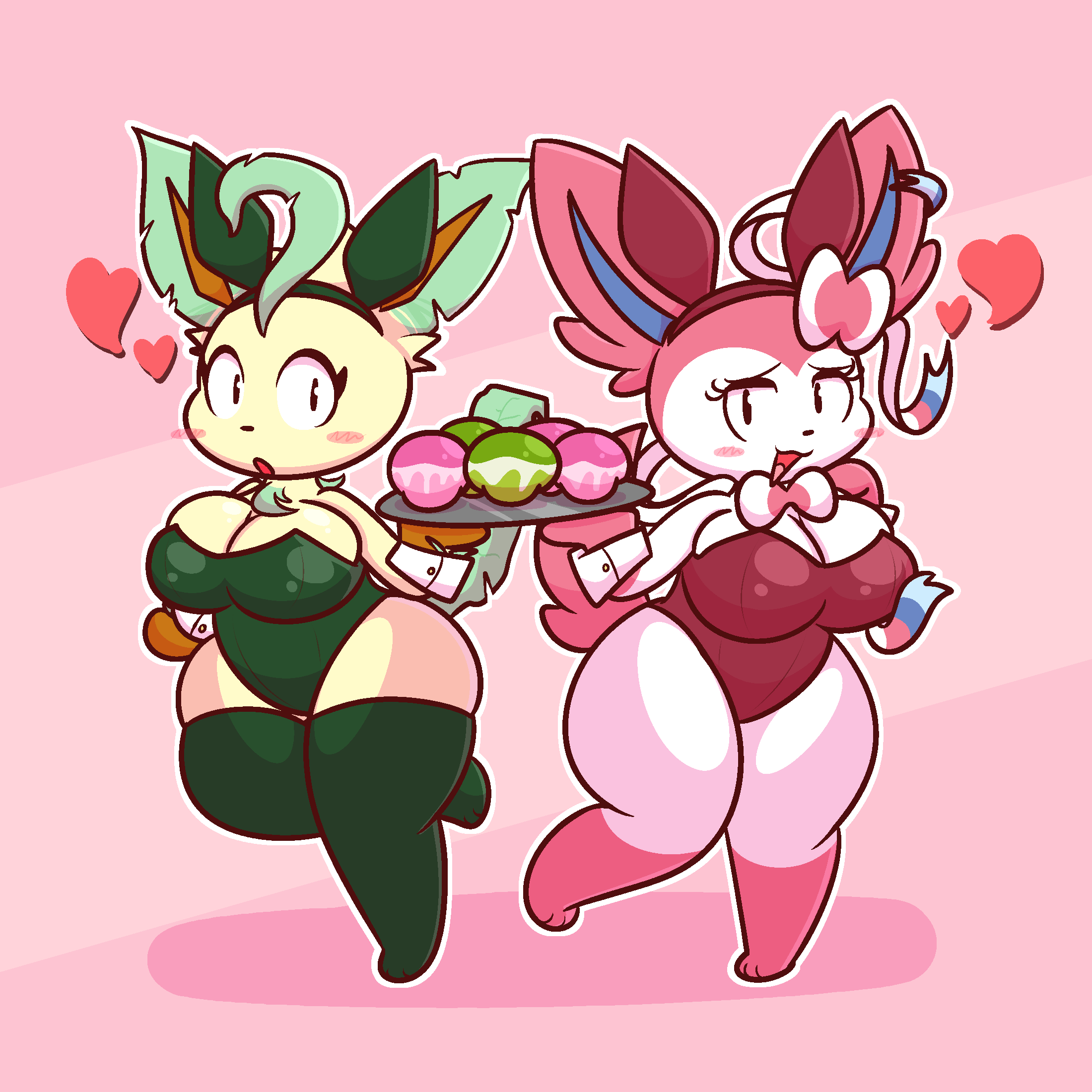 2girls accessory big_breasts breasts bunny_ears bunnysuit cookie curvaceous curvy cute female food gravtitty hair_ornament huge_breasts huge_thighs large_breasts leafeon multiple_girls playboy_bunny pokemon pokemon_(species) servant standing strapless_leotard sylveon tagme thick_thighs thighhighs waiter wrist_cuffs