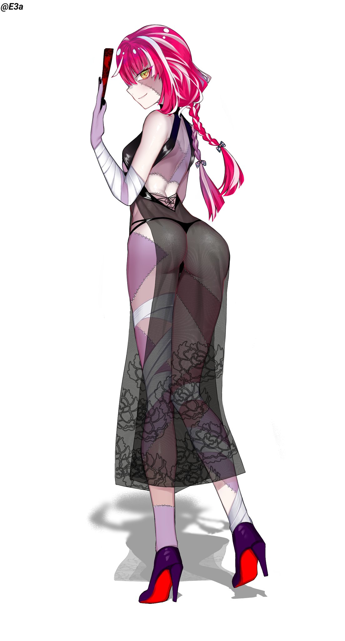 1girls, 3aegaki, ass, dress, female, female only, fully clothed, funny pizza, high heels, hololive, hololive indonesia, hololive indonesia holoro, kureiji ollie, looking at viewer, looking back, patchwork skin, red hair, revealing clothes, see-through, simple background, solo, solo female, virtual youtuber, zombie girl