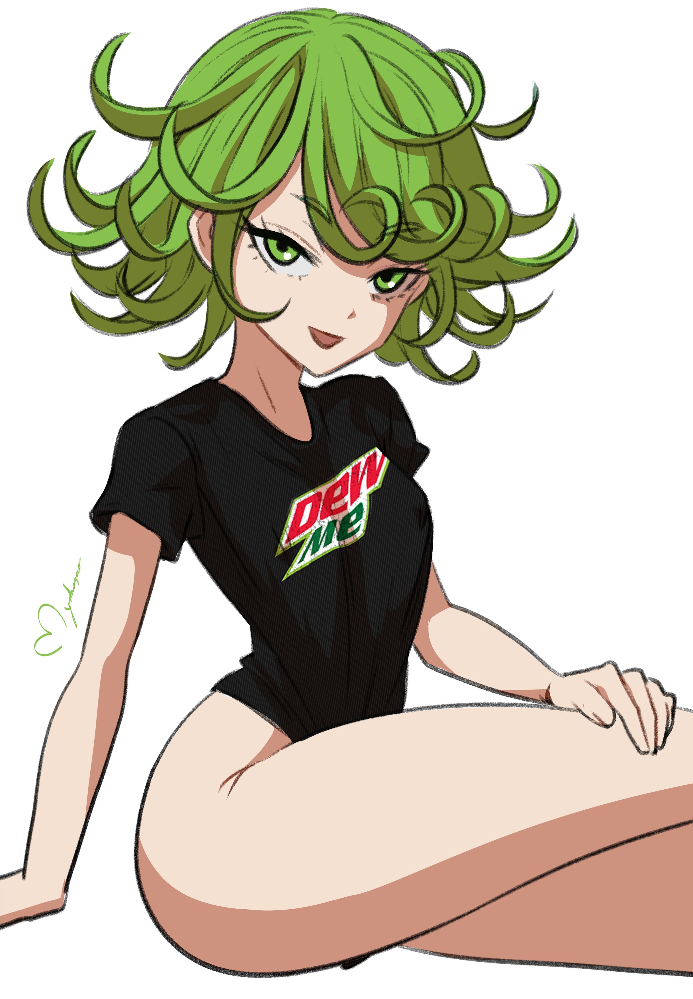 1girls, bottomless, female, female focus, female only, green eyes, green hair, maho malice, myahogao, one-punch man, short hair, sitting, solo, tatsumaki, thick thighs, thighs