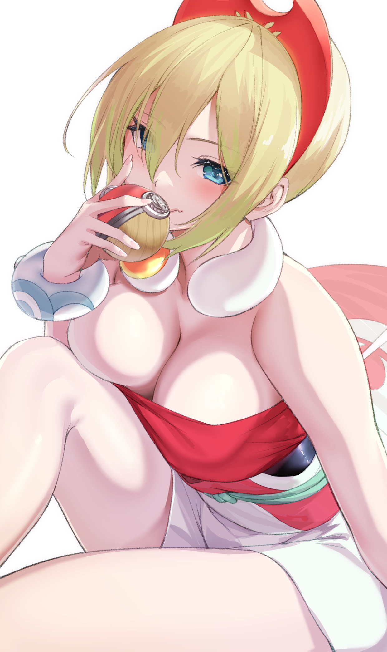 1girls, big breasts, blonde hair, blue eyes, blush, breasts, eye contact, female, female focus, female only, game freak, irida (pokemon), looking at viewer, nintendo, pokemon, pokemon legends: arceus, ratsuku kinoko, short hair, shorts, solo, thick thighs, thighs