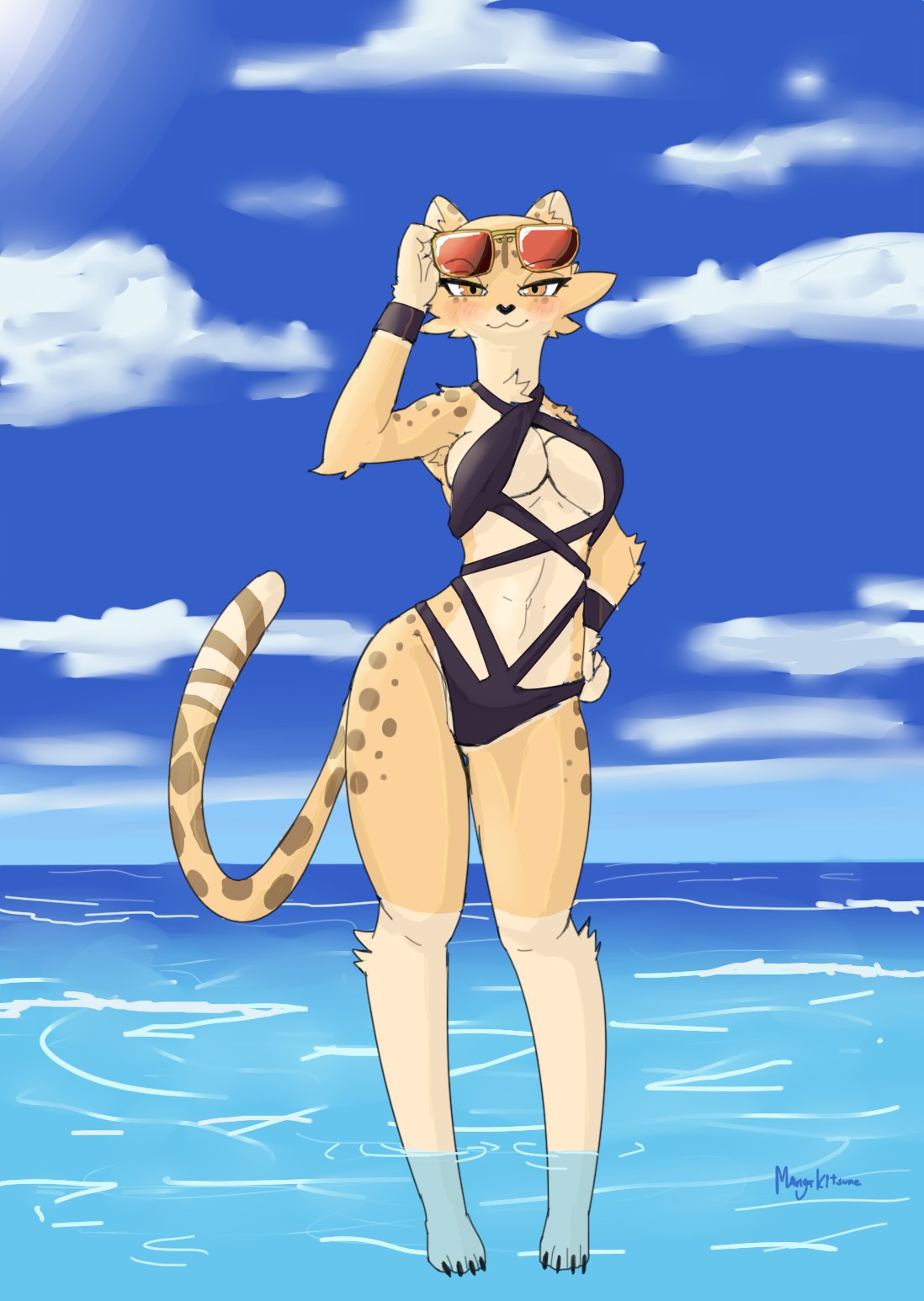 2020s 2022 akino_(kemokin_mania) anthro armpit_hair armpit_tuft armpits blush breasts cheetah chest_tuft claws elbow_tufts feline female female_only furry furry_only in_water looking_at_viewer mangakitsune2 medium_breasts navel orange_eyes paws sea signature spotted_fur sunglasses swimsuit