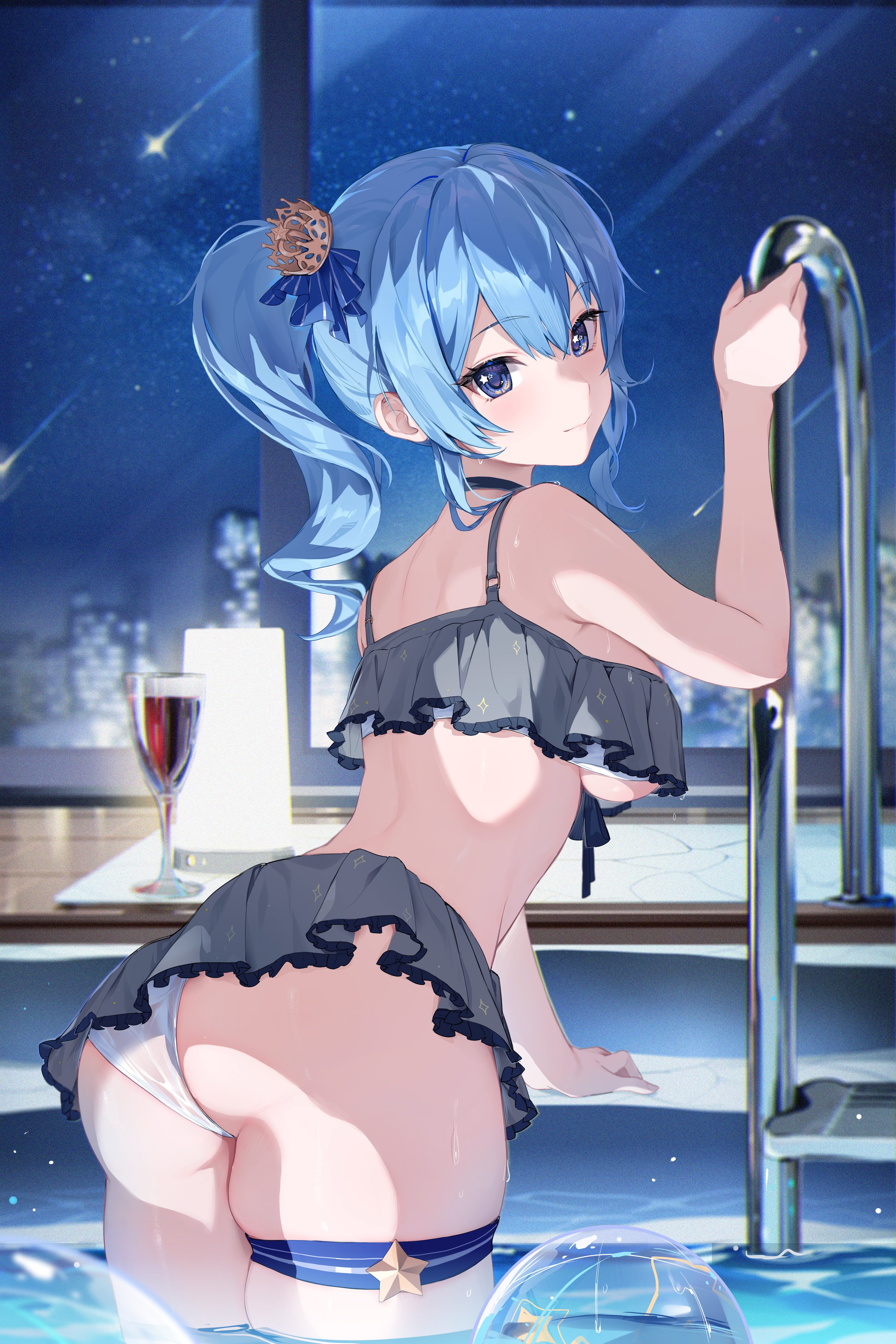 1girls, absurdres, ass, bikini, blue eyes, blue hair, breasts, female, female only, highres, hololive, hololive gen 0, hololive japan, hoshimachi suisei, houkiboshi (mmjw7432), large breasts, partially submerged, pool, sideboob, skindentation, solo, swimsuit, thigh strap, underboob, virtual youtuber, water