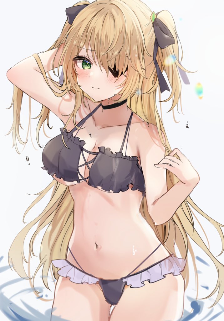 belly, blonde hair, breasts, eyepatch, female, fischl (genshin impact), genshin impact