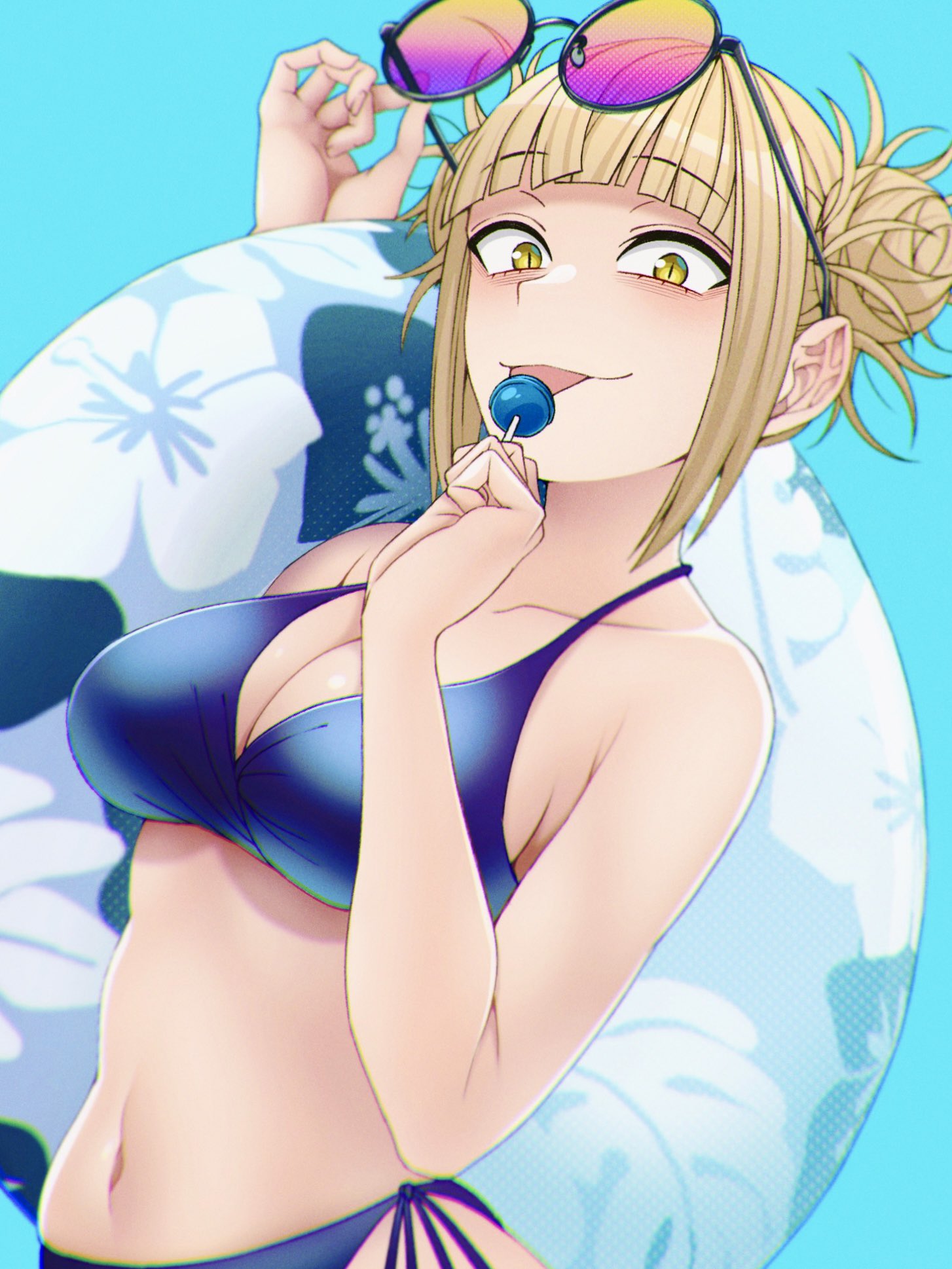 bikini blonde_hair blue_background breasts brown_eyes candy clothing double_bun female hair_bun high_resolution himiko_toga innertube kobaji large_breasts lollipop looking_at_viewer messy_bun my_hero_academia navel smile sunglasses_removed swimsuit tied_hair tongue tongue_out upper_body