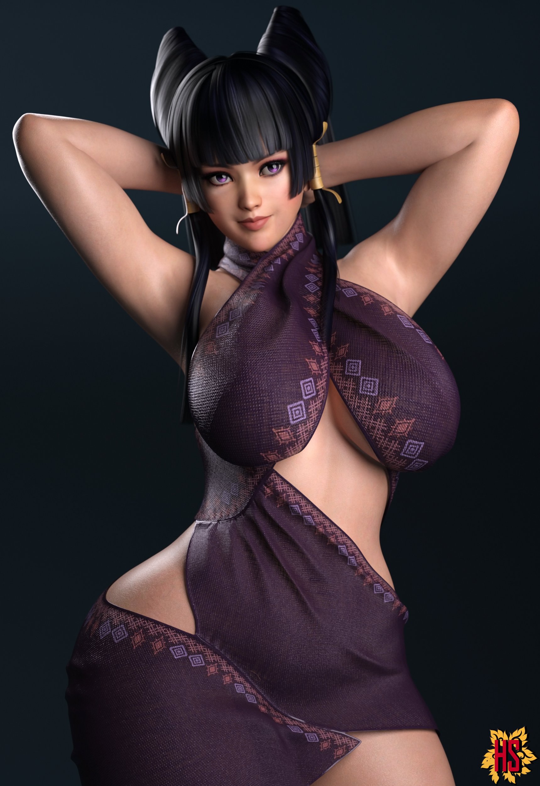 3d, big breasts, breasts, clothed, clothed female, dead or alive, female, hagiwara studio, nyotengu, purple eyes, tagme, wide hips