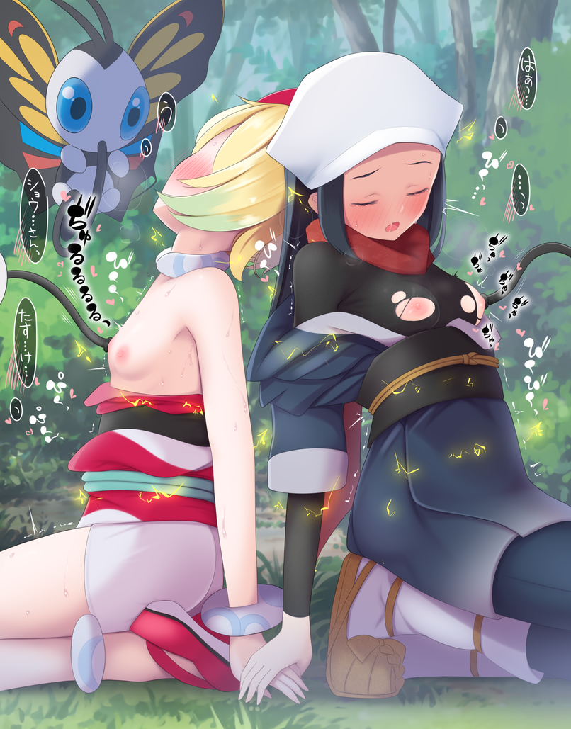 2girls akari_(pokemon) anklet beautifly black_hair blonde_hair blush bodystocking bracelet breast_sucking breasts closed_eyes clothes_pull forest galaxy_expedition_team_survey_corps_uniform grass head_scarf holding_hands irida_(pokemon) jewelry kneeling long_hair multiple_girls nature neck_ring nipple_tweak nipples obi obijime off_shoulder open_mouth paralyzed pokemon pokemon_(game) pokemon_(species) pokemon_legends:_arceus pokephilia red_scarf red_shirt saliva sash scarf sfry0323 shirt shirt_pull short_hair short_shorts shorts small_breasts torn_bodystocking torn_clothes tree white_headwear white_shorts