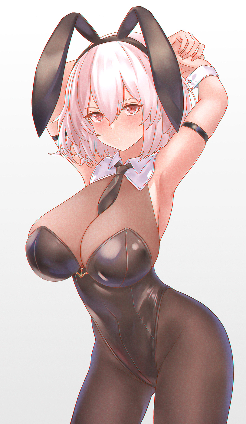 armpits, arms behind head, azur lane, blush, breasts, brown eyes, bunny ear, bunny ears headband, bunny girl, bunnysuit, female, female only, hentaicow, huge breasts, leotard, looking at viewer, medium hair, sirius (azur lane), voluptuous, white hair