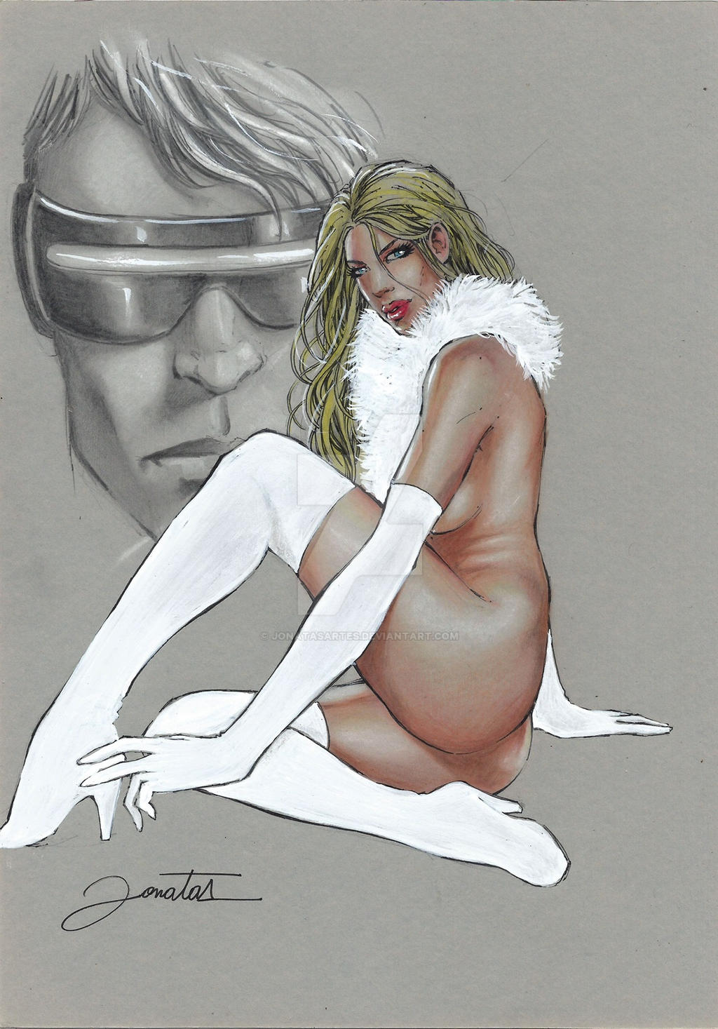 blonde_hair cyclops_(x-men) emma_frost fur_collar jonatas looking_at_viewer marvel marvel_comics nude nude_female scott_summers sideboob thighhighs white_queen x-men