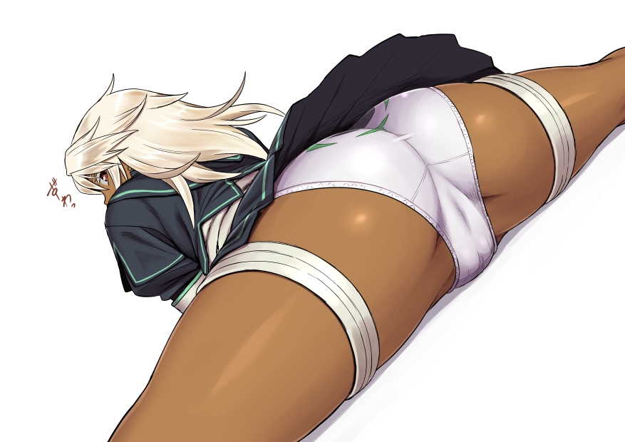 artist request, ass, big ass, brown eyes, cameltoe, dark skin, fat ass, female, female only, flexible, fully clothed, guilty gear, panties, pussy, ramlethal valentine, skirt, thick thighs, upskirt, white hair, wide hips