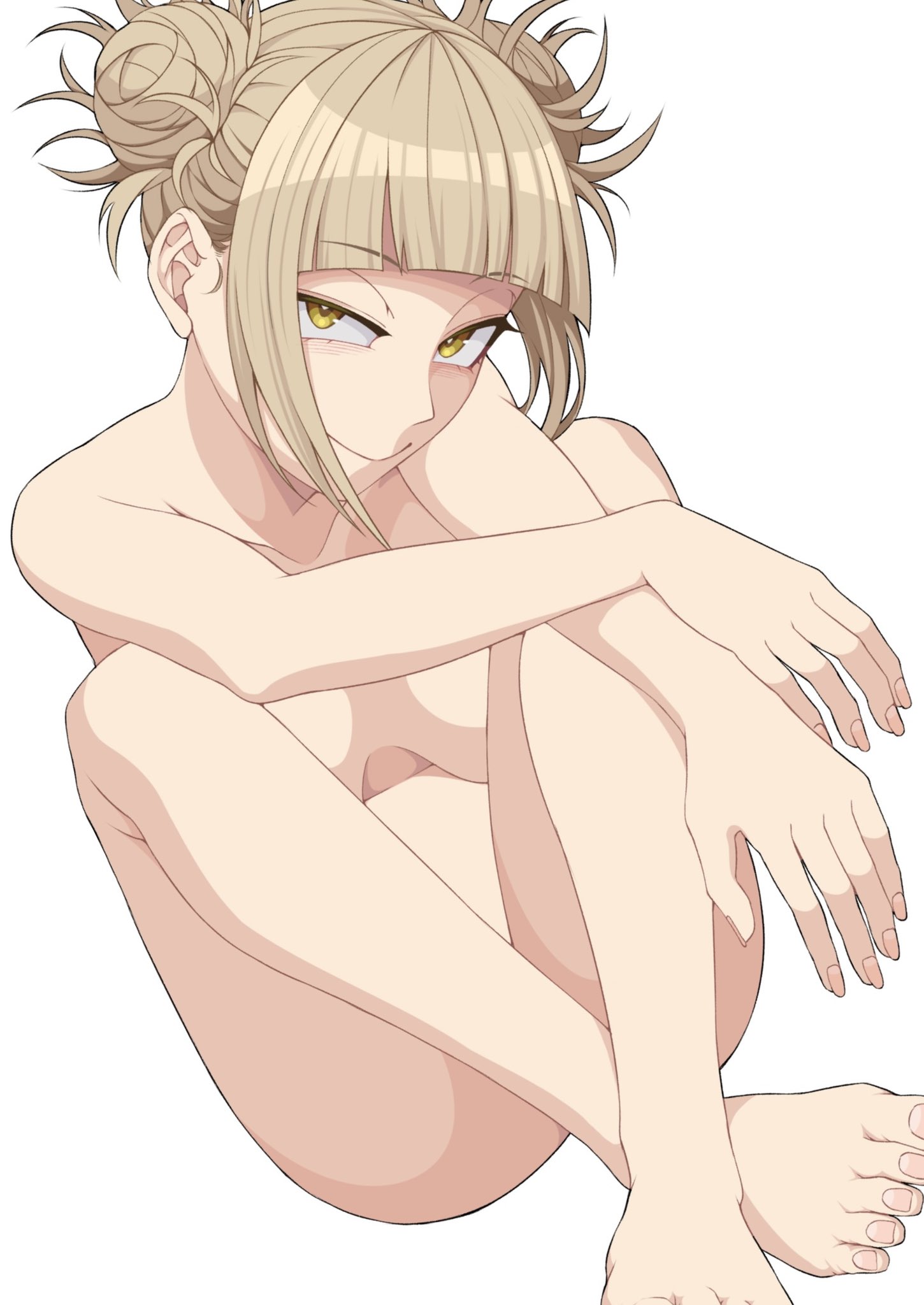 1girls, ass, blonde hair, blonde-haired female, breasts, collarbone, completely nude, convenient censoring, double bun, female, fingernails, hair buns, high resolution, himiko toga, knees up, kobaji, legs, looking at viewer, my hero academia, nude, nude female, simple background, sitting, smile, solo, tagme, toenails, toes, white background, yellow eyes