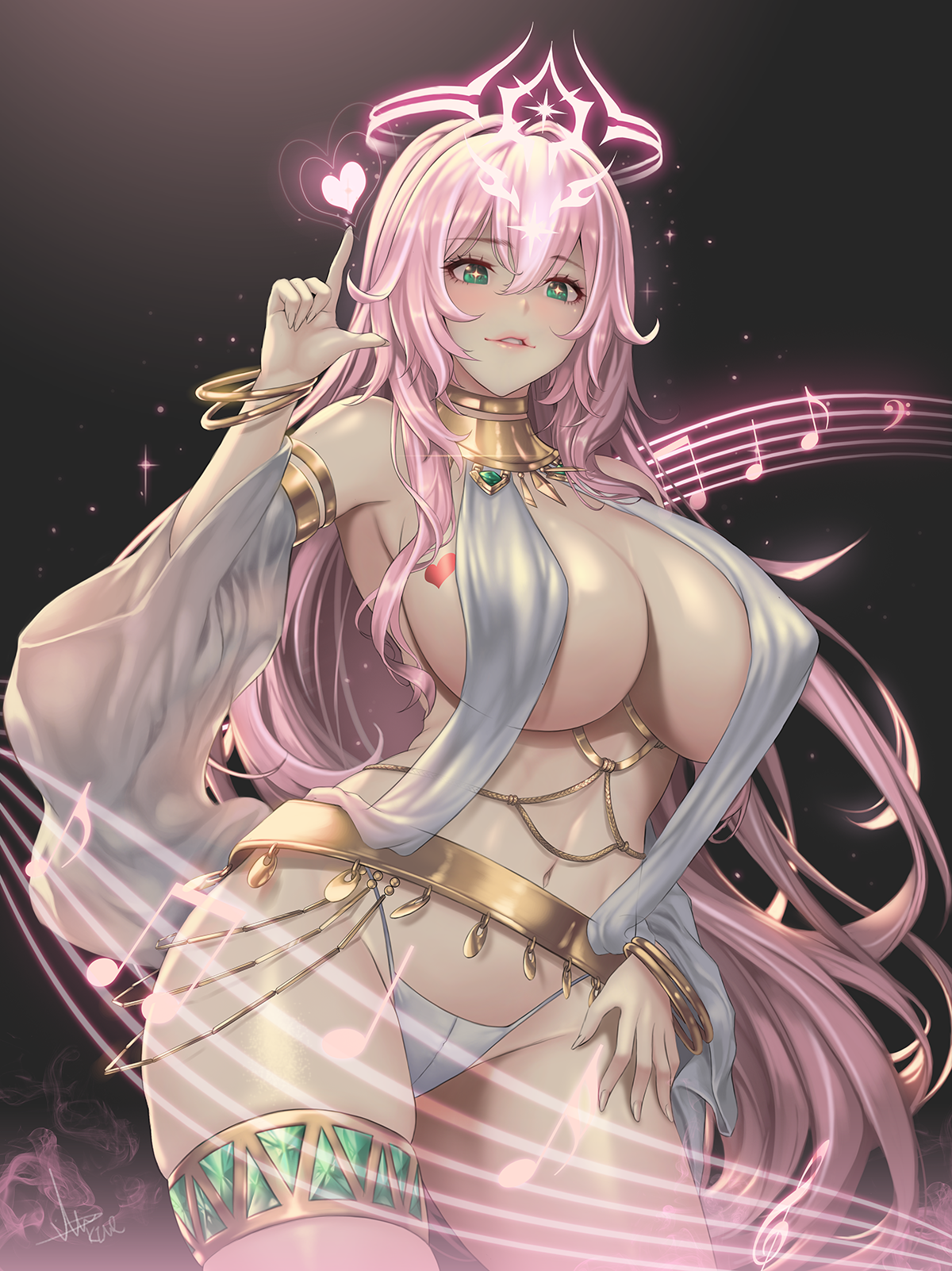 bracelet, breasts, cleavage, commission, dancer, dark background, dungeon and fighter, dungeon fighter online, female, green eyes, heart, highres, jewelry, knight (dungeon and fighter), large breasts, long hair, mad kimo, magic, musical note, navel, pink hair, revealing clothes, sideboob, solo, symbol-shaped pupils, thick thighs, thighlet