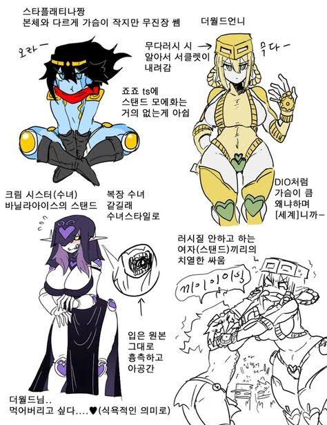 3girls cream_(jjba) fighting jojo's_bizarre_adventure korean_text mannungei rule_63 stand_(jjba) star_platinum stardust_crusaders text the_world