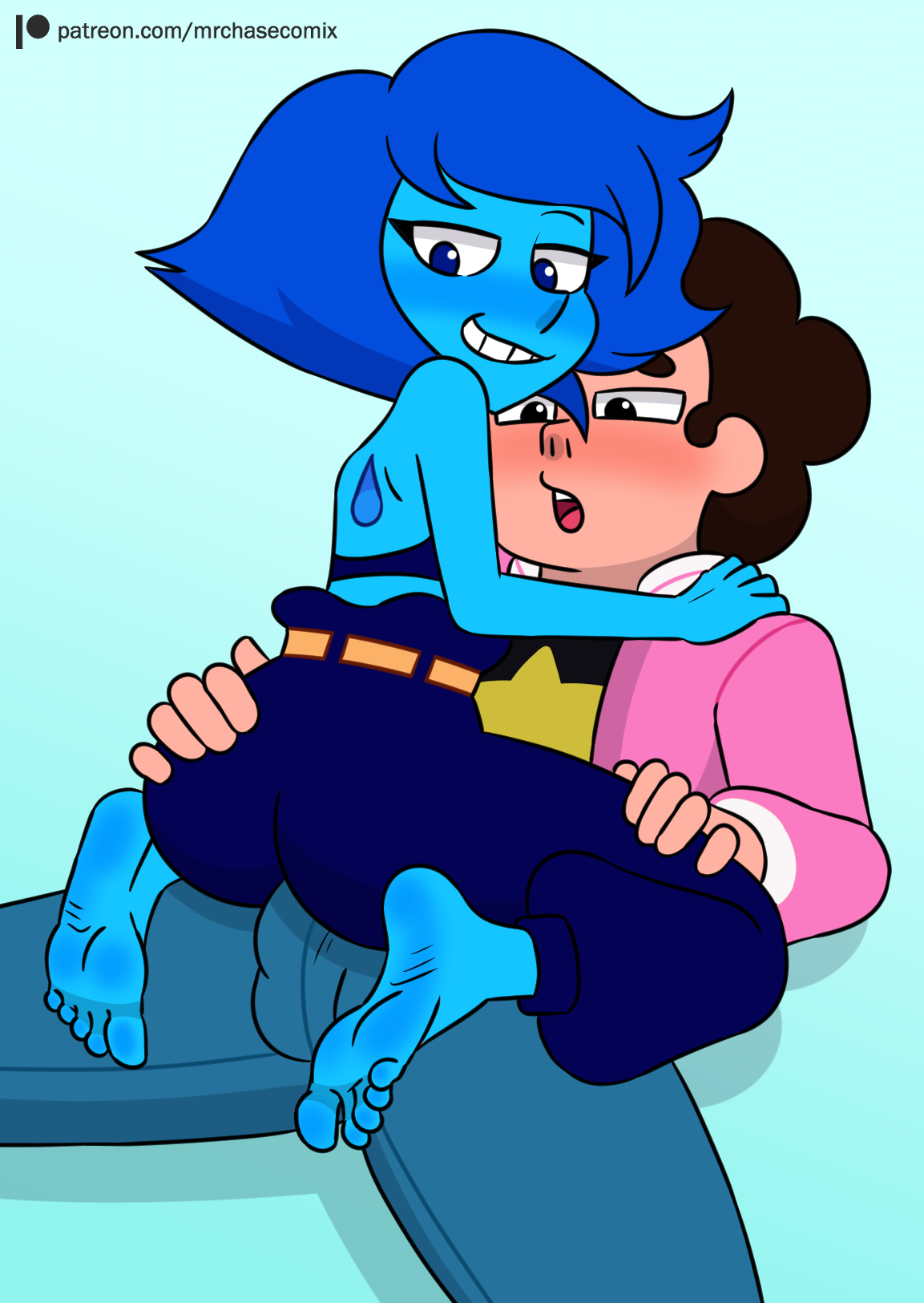 1boy, 1girls, ass, black eyes, black hair, blue eyes, blue hair, blue skin, bulge, cartoon network, cartoon network studios, clothed, clothed sex, clothing, eyelashes, feet, female, gem (species), lapis lazuli (steven universe), male, mr. chase comix, penis, penis outline, smile, steven quartz universe, steven universe, steven universe future, straight, toes