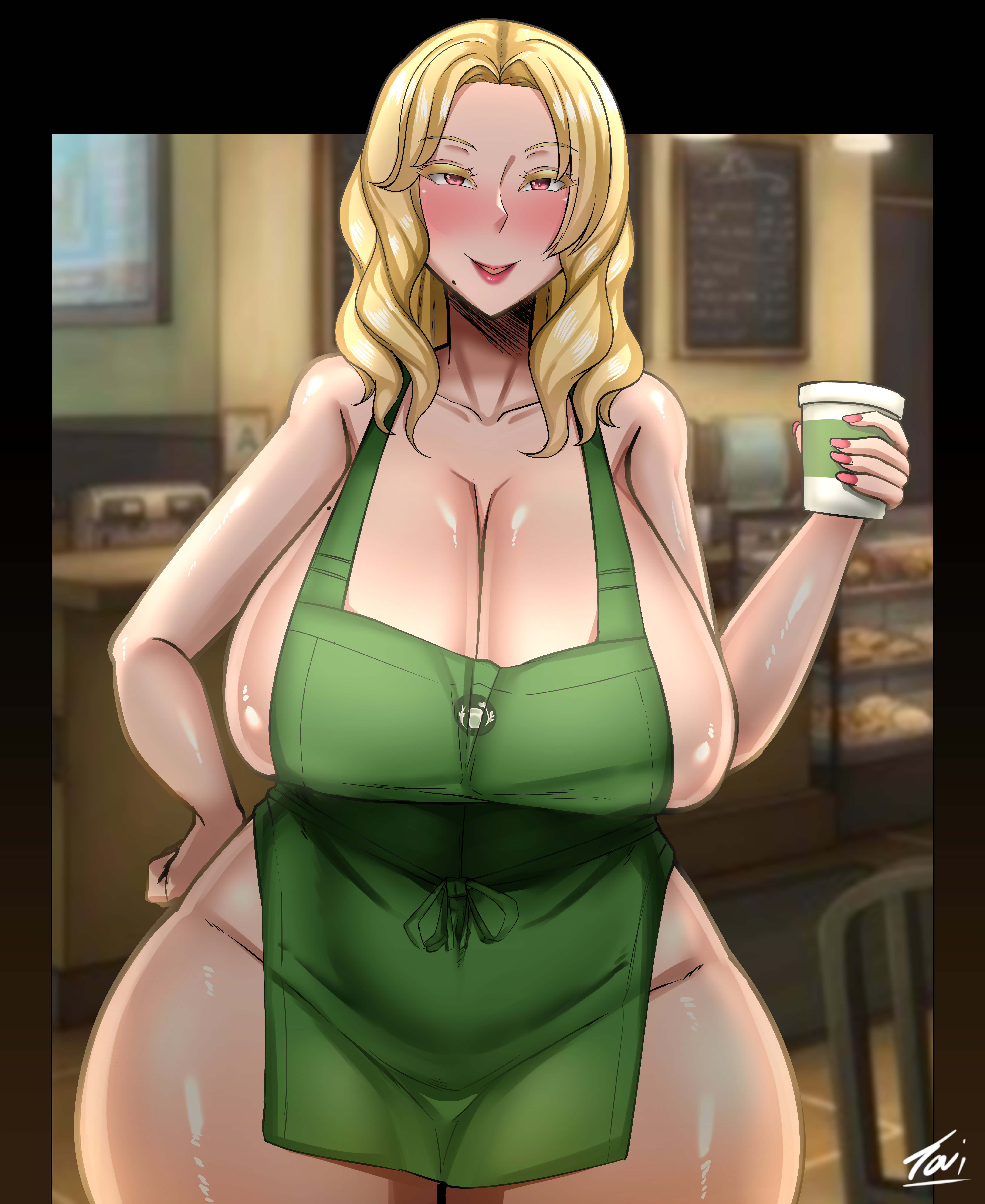1girls, apron, big breasts, blonde hair, blush, breasts, curvaceous, curvy, female, female only, green apron, hand on hip, hi res, highres, hips, holding object, huge breasts, iced latte with breast milk, large breasts, lips, lipstick, long hair, looking at viewer, mature, mature female, meme, milf, mole, mole on breast, mole under mouth, mother, nail polish, nails, naked apron, original, original character, red eyes, seductive, seductive smile, solo, solo female, thick thighs, thighs, toui, victoria (toui), wide hips