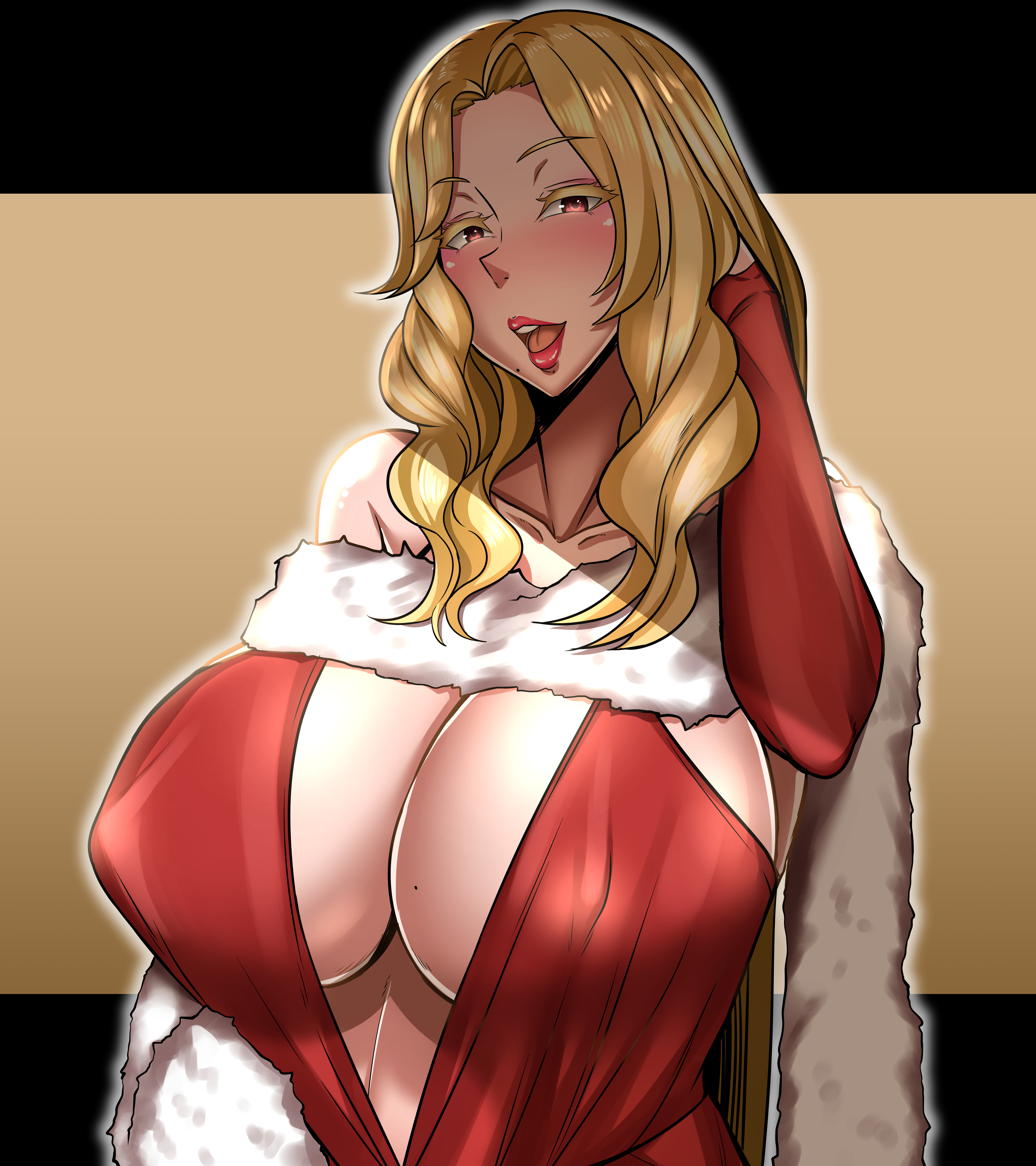 1girls, alternate version available, big breasts, blonde hair, blush, breasts, cleavage, clothing, coat, dress, female, female only, fur coat, gloves, hi res, highres, huge breasts, large breasts, lips, lipstick, long hair, mature, mature female, milf, mole, mole on breast, mole under mouth, mother, open mouth, original, red dress, red eyes, red gloves, seductive, seductive smile, shirt, solo, solo female, topwear, toui, victoria (toui)