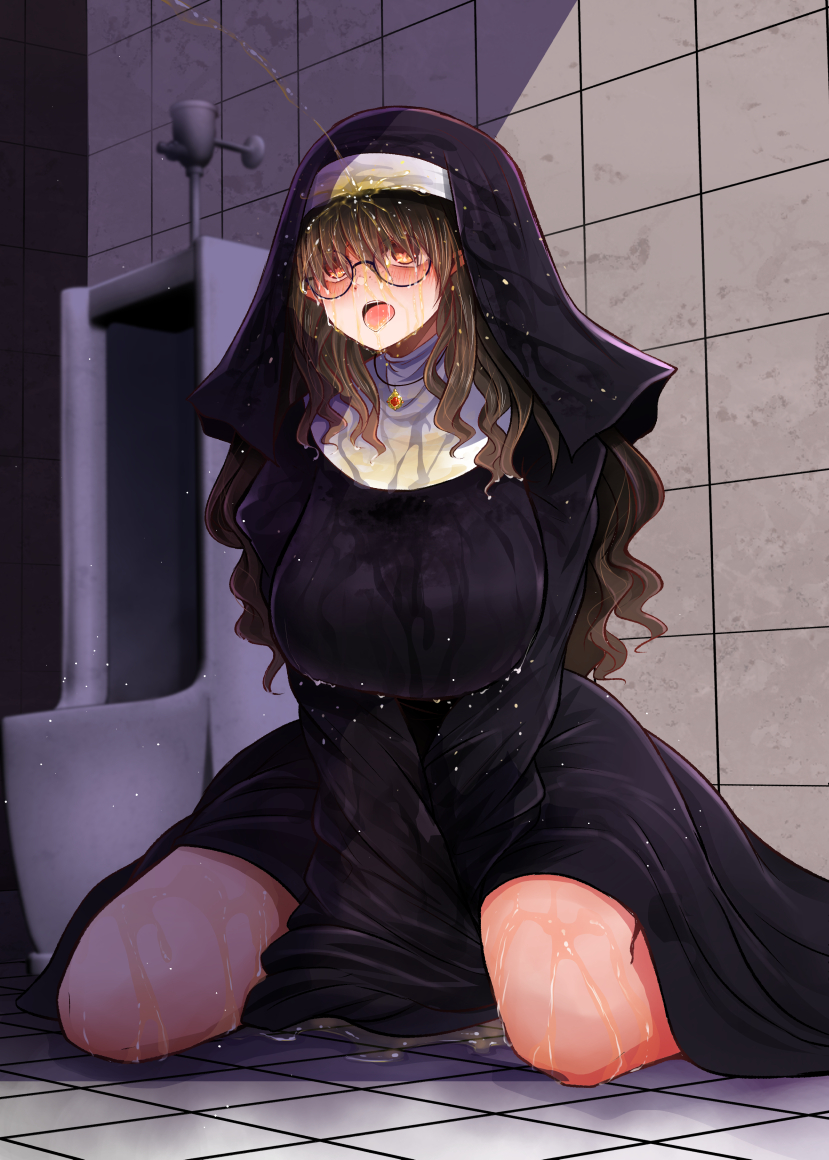 arano_oki bathroom big_breasts glasses human_toilet nun peeing peeing_in_mouth peeing_on_another sitting soaked_clothes tile_floor tile_wall urinal urinating urine urine_in_mouth urine_on_chest urine_on_ground urine_on_legs wet_clothes wet_hair