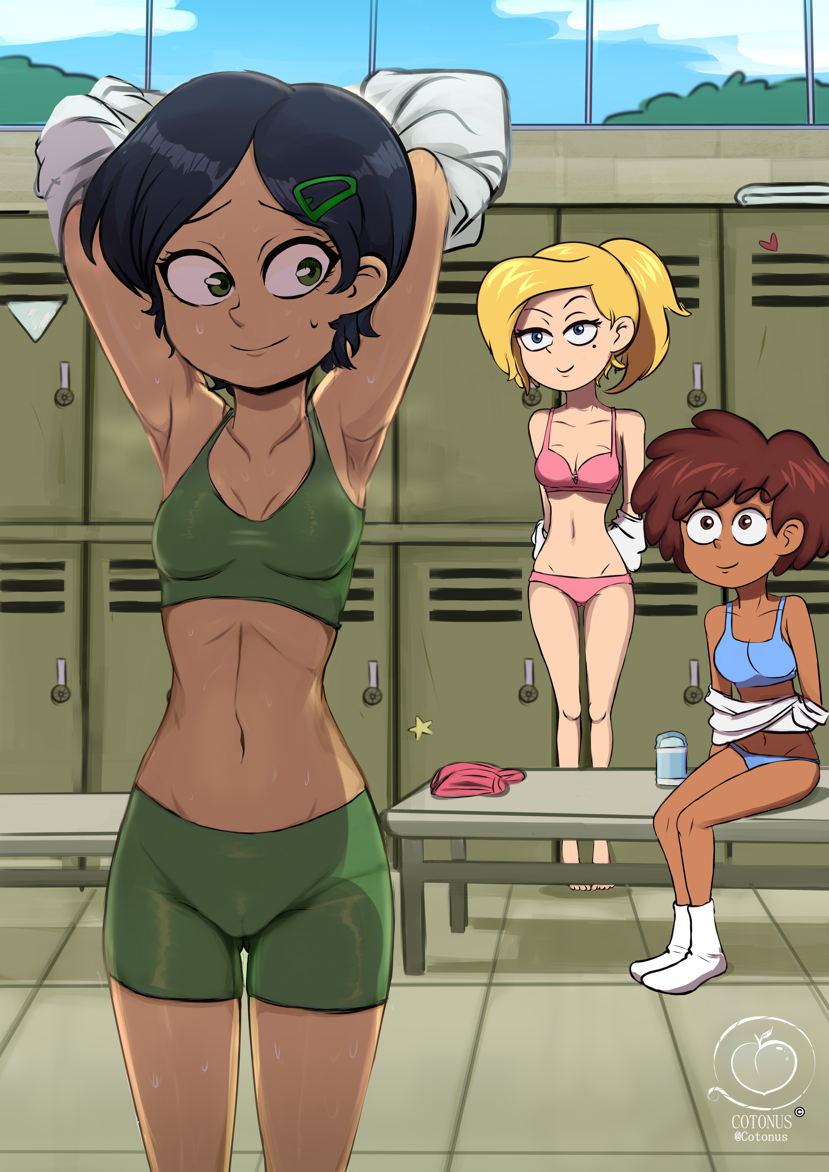 2020s, 2022, 3girls, absurd res, amphibia, anne boonchuy, armpit crease, armpit fetish, armpits, arms up, asian female, black hair, blonde hair, bra, breasts, brown hair, cotonus, dark hair, dark skin, dark-skinned female, disney, disney channel, female, female only, group, high resolution, human, light hair, locker room, marcy wu, medium hair, multiple females, multiple girls, pale skin, panties, ponytail, public, sasha waybright, school, short black hair, shorts, sportswear, sweaty armpits, taiwanese, teenage female, teenager, thai, trio, underwear, undressing, white female, young, yuri
