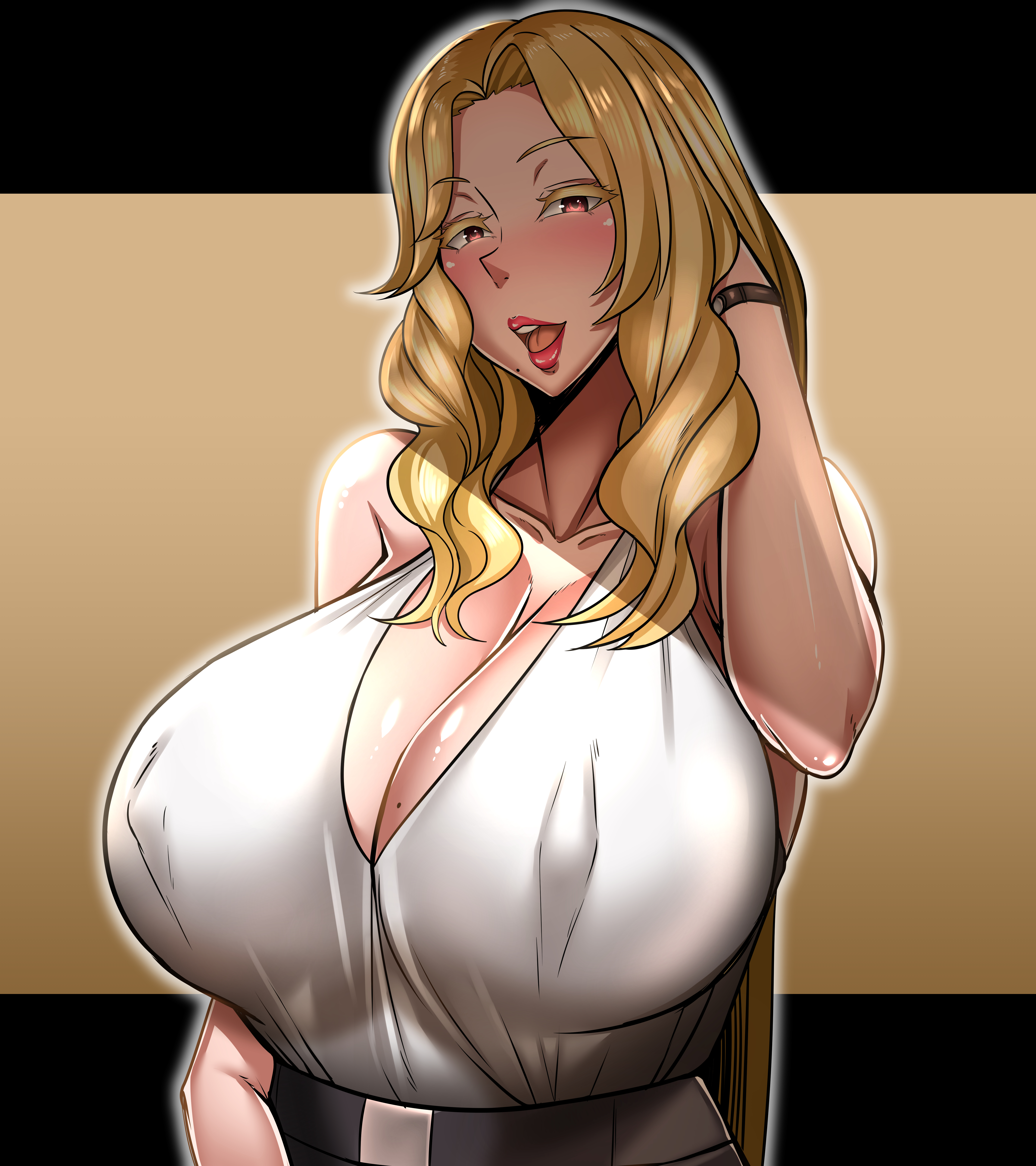 1girls, alternate version available, big breasts, blonde hair, blush, bottomwear, breasts, clothing, female, female only, hi res, highres, huge breasts, large breasts, lips, lipstick, long hair, mature, mature female, milf, mole, mole on breast, mole under mouth, mother, open mouth, red eyes, seductive, seductive smile, shirt, solo, solo female, topwear, toui, victoria (toui)