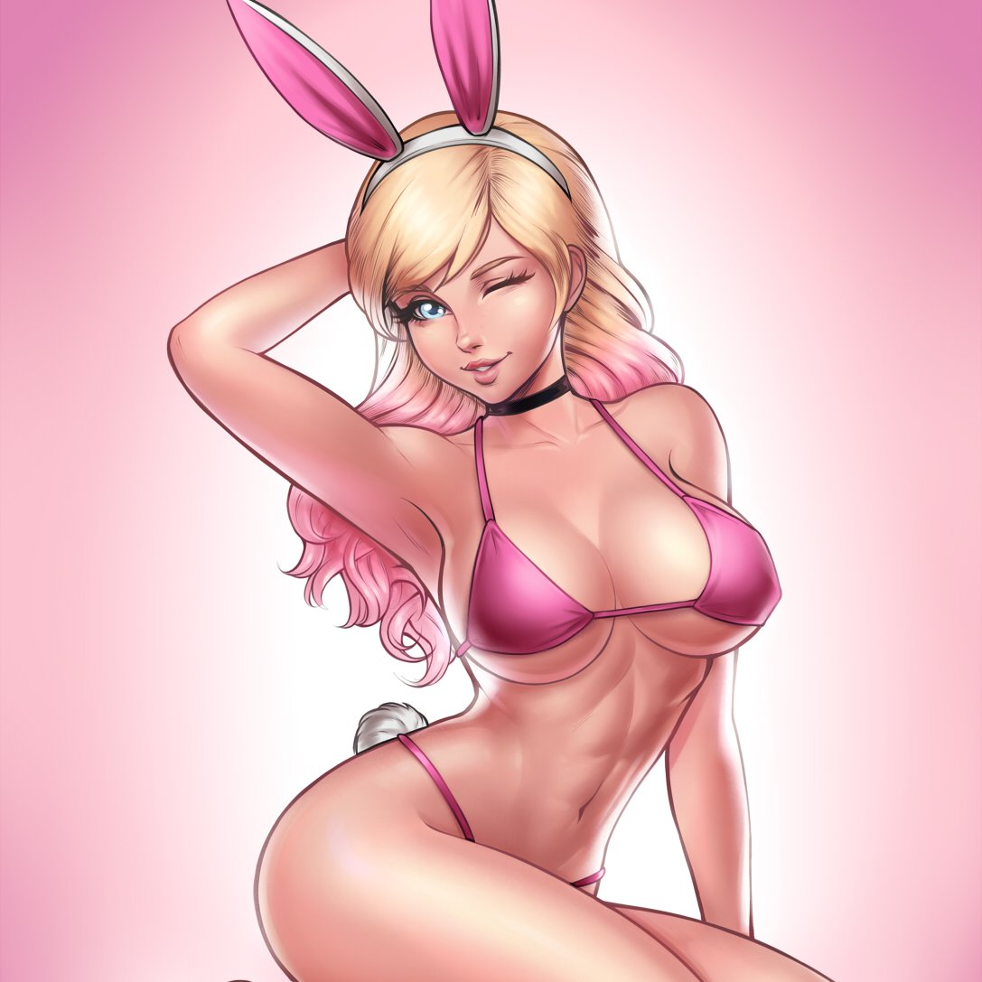 1girls, aesdev, big breasts, bikini, bikini bottom, bikini top, blonde hair, blue eyes, breasts, bunny ears, choker, cleavage, female, female only, jessie (aesdev), light skin, light-skinned female, multicolored hair, navel, pink hair, revealing clothes, wink