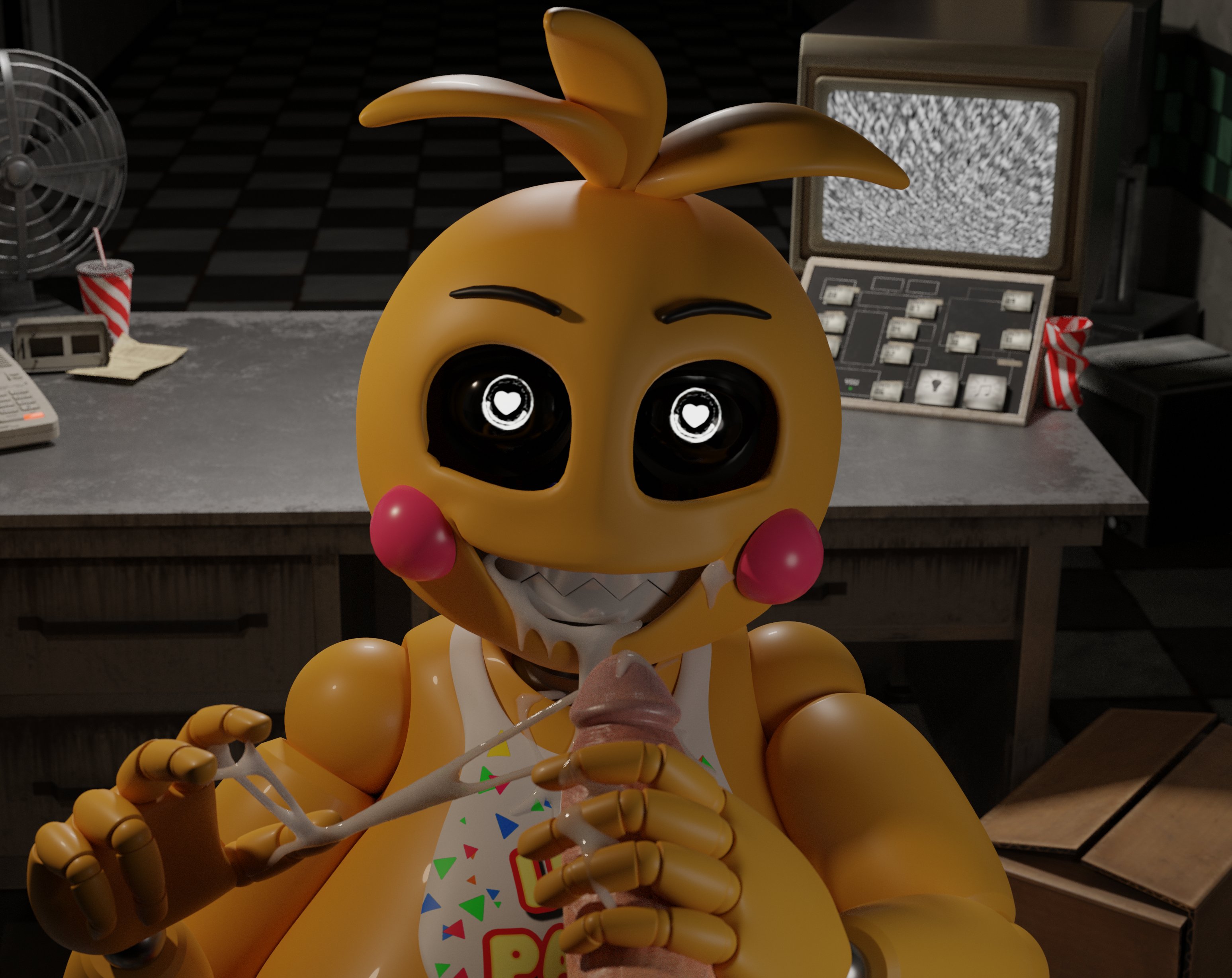 3d, bib, cum, cum in mouth, cum on face, female, feversfm, five nights at freddy's, five nights at freddy's 2, looking at viewer, male, penis, smiling, straight, toy chica (fnaf), toy chica (love taste)