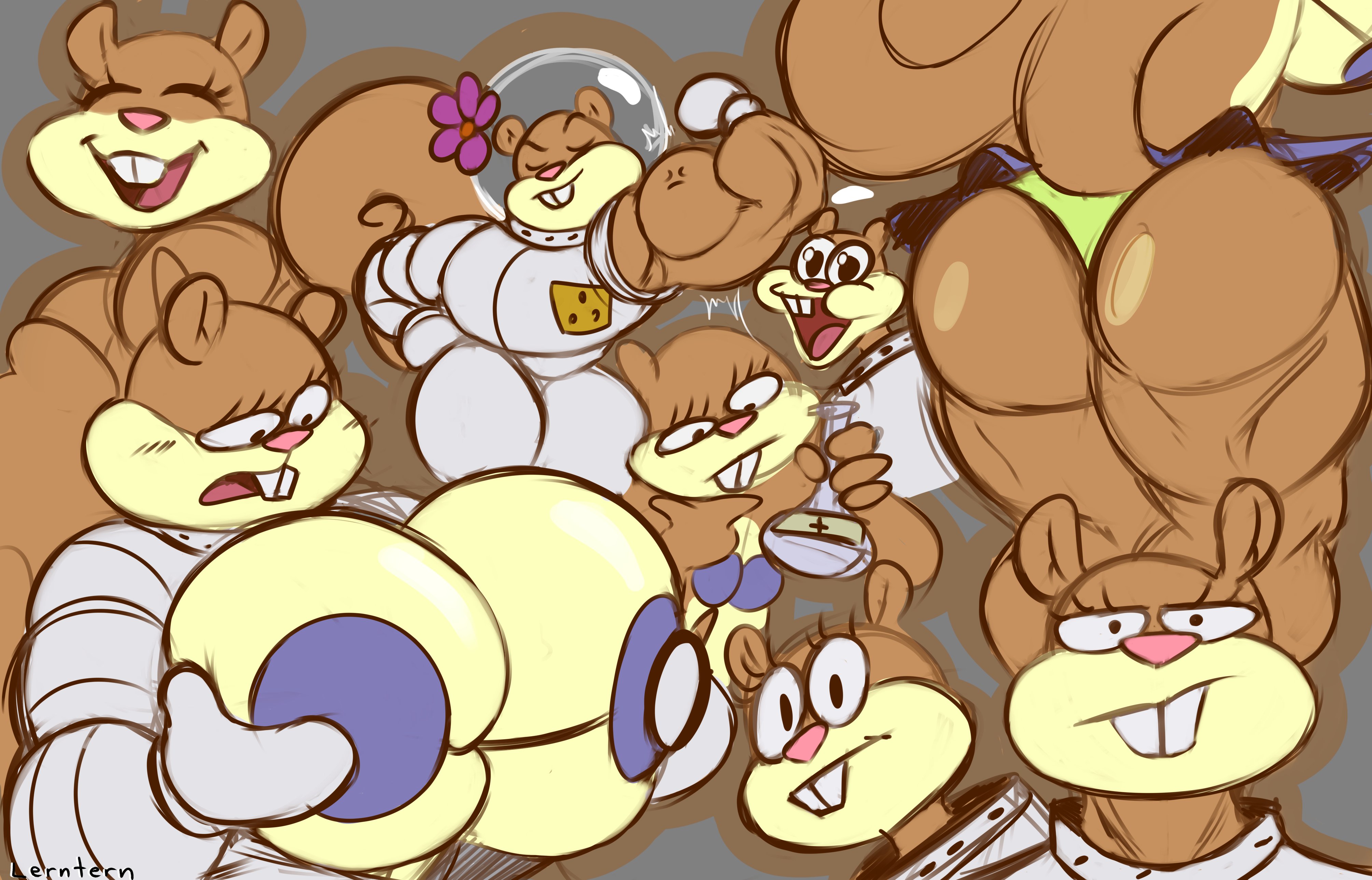 2022, absurd res, anthro, ass, big ass, big breasts, big butt, breasts, breasts out, buckteeth, clothed, clothing, curvy figure, female, flexing, gigantic breasts, hi res, huge breasts, hyper, hyper breasts, lerntern, mammal, meme, muscular, muscular female, muscular thighs, nickelodeon, rodent, sandy cheeks, sciurid, simple background, smooth skin, solo, spongebob squarepants, squirrel, thick thighs, tree squirrel, voluptuous