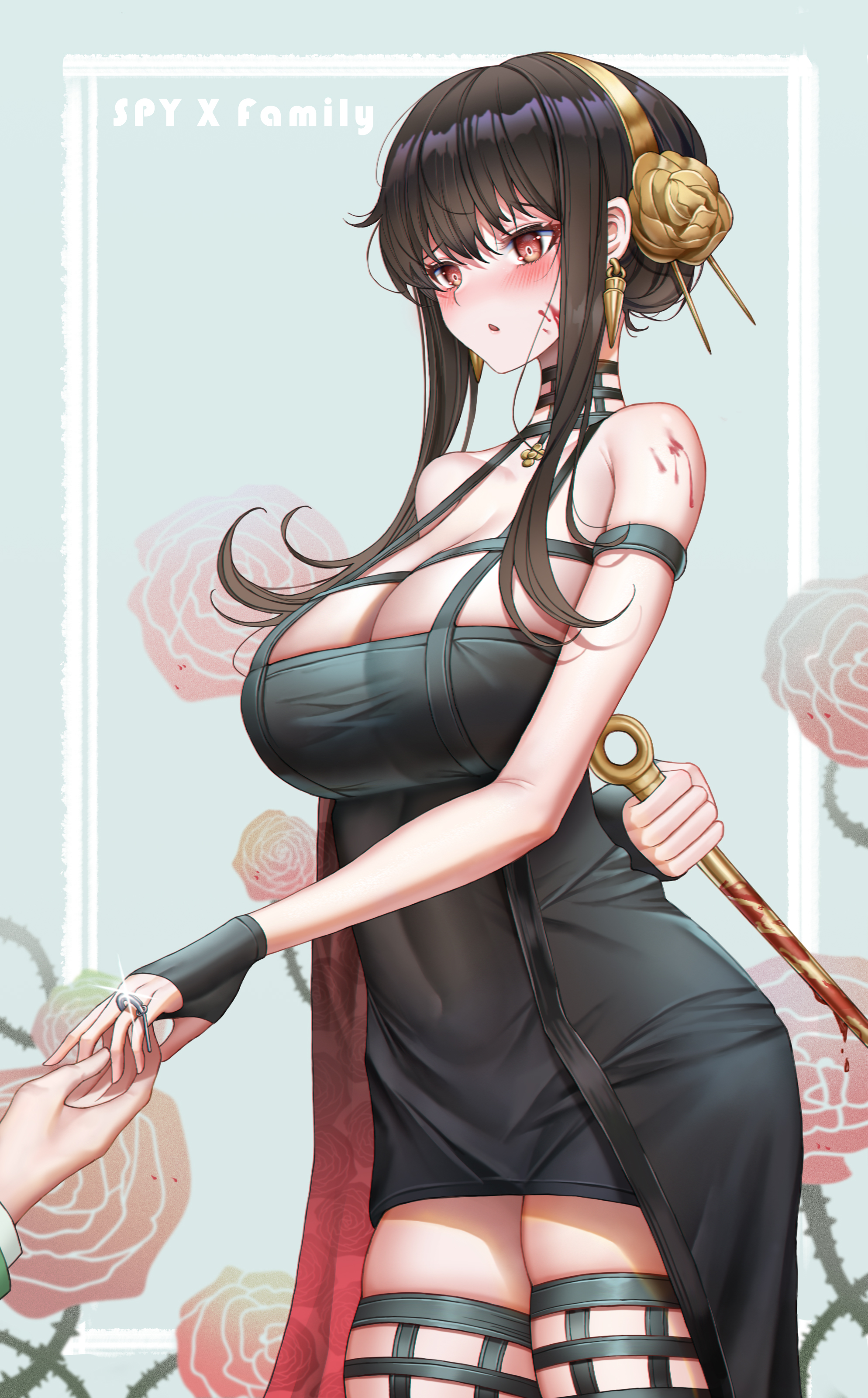 1girls, assassin, bangs, black hair, blood, blush, breasts, cleavage, dress, female, flower, gloves, hair ornament, highres, huge breasts, large breasts, long hair, no bra, red eyes, spy x family, standing, stiletto (weapon), thick thighs, thighhighs, thighs, thorn princess, weapon, yf (hbyg), yor briar