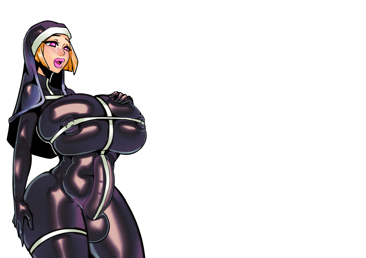 1futa, ass, ass expansion, balls, big lips, breast expansion, breast growth, breast growth (enlargement), breasts, breasts bigger than head, corruption, futa focus, futa only, futanari, hand on ass, hand on breast, heart-shaped pupils, huge ass, huge balls, huge breasts, huge cock, human, human only, intersex, latex, latex dungeon, latex futa, latex gloves, latex nun, latex suit, latex thighhighs, light skin, light-skinned futa, nun, nun futa, nun outfit, nun's habit, penis, penis under clothes, pink lipstick, pleasure face, zxc