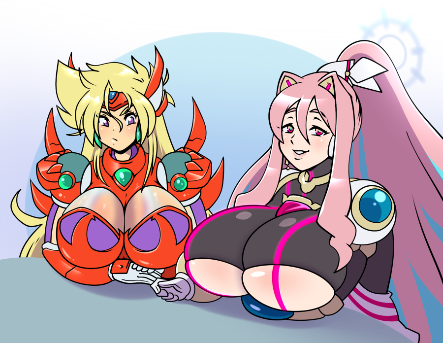 2girls android animal_ears armor blonde_hair blue_hair duo eratoeir female huge_breasts hyoumaru looking_at_breasts looking_at_viewer mega_man mega_man_x mega_man_x_dive merti pink_hair revealing_clothes robot smile two-tone_hair underboob