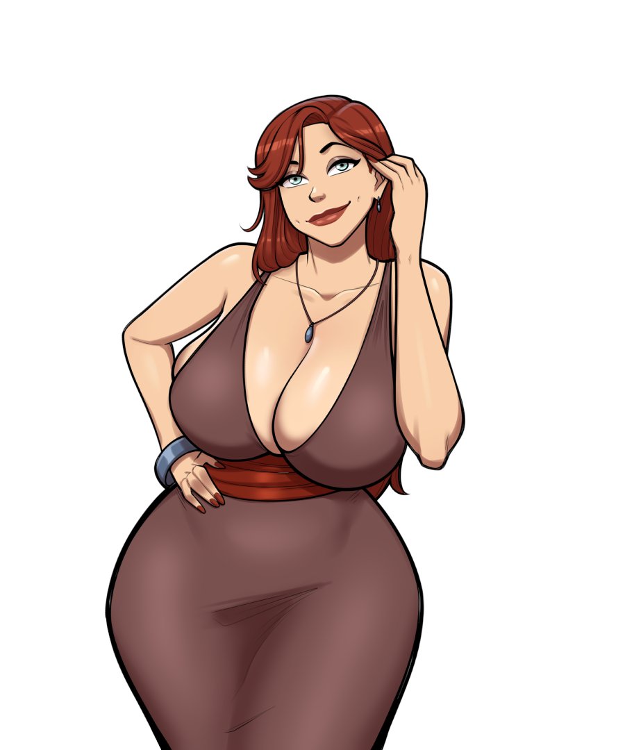 1girls, blue eyes, breasts, cleavage, dress, earrings, female, female only, hi res, jessica (mrpotatoparty), large breasts, light skin, light-skinned female, looking at viewer, mature female, milf, mrpotatoparty, original, red hair, sideboob, solo, solo female, white background, wide hips