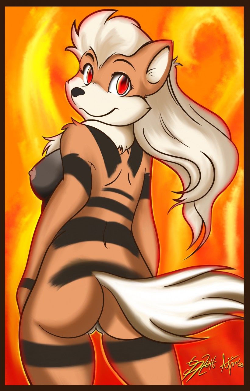 2008 ajin anthro anthro_on_anthro arcanine ass breasts furry large_breasts lobofeo long_hair looking_at_viewer looking_back nintendo nipples pokemon pokemon_(species) pokemon_rgby pussy red_eyes smile tail