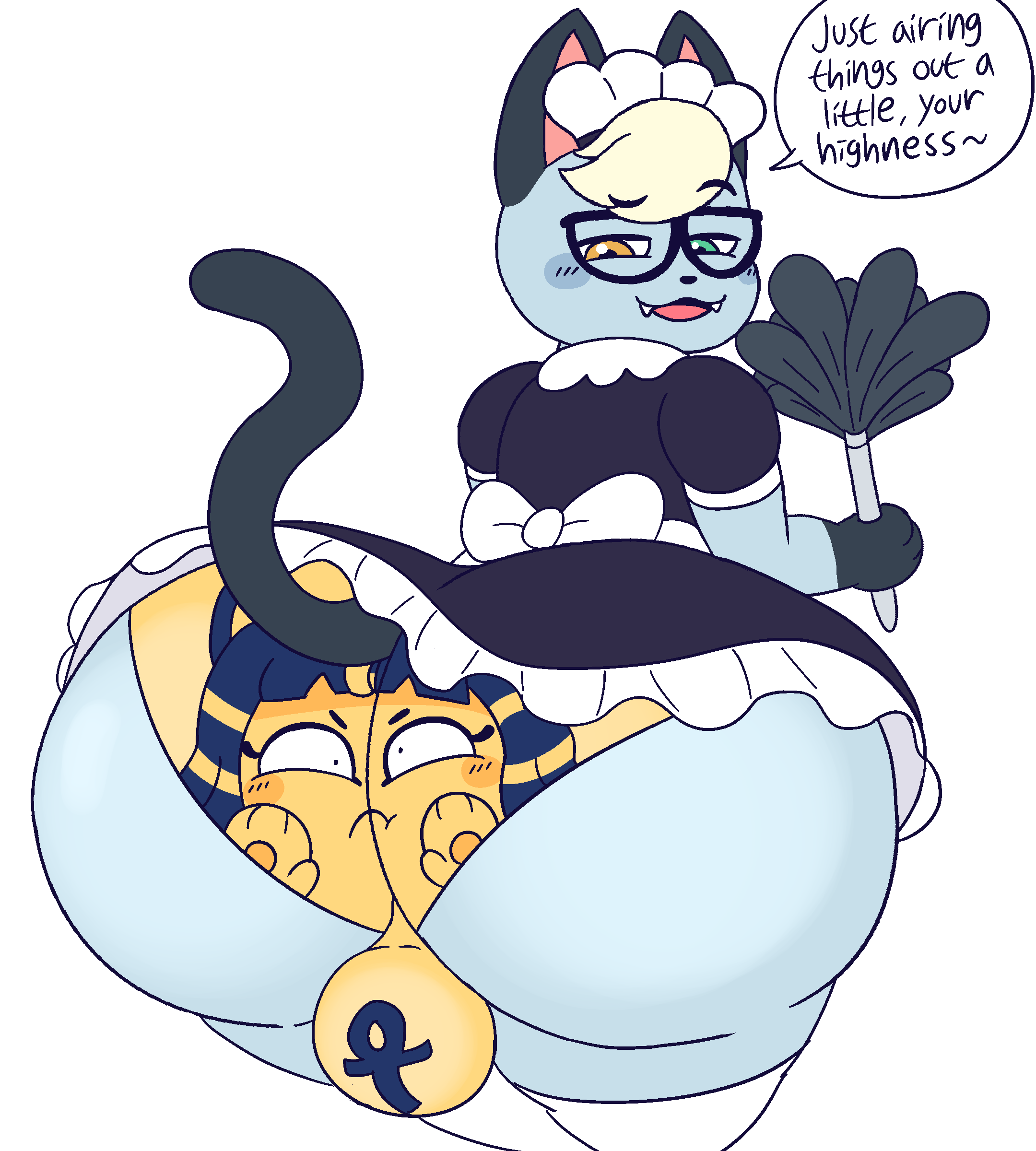 1boy, 1girls, angry, animal crossing, ankh, ankha, ass, backsack, balls, ballsack, big ass, big balls, blue, blush, bubble ass, bubble butt, clothing, clothing transformation, crossdressing, crossdressing (mtf), crossdressing male, dialogue, domestic cat, drawful-s, english text, face in underwear, fangs, feather duster, felid, feline, female, femboy, furry, furry only, gay, gay anal, gay male, gay sex, glasses, heterochromia, homosexual, homosexual male, homosexual sex, inanimate transformation, living underwear, maid, maid uniform, male, male only, male penetrated, male penetrating, male penetrating male, male/male, nintendo, panties, raymond (animal crossing), smug, transformation, underwear, underwear transformation, white background