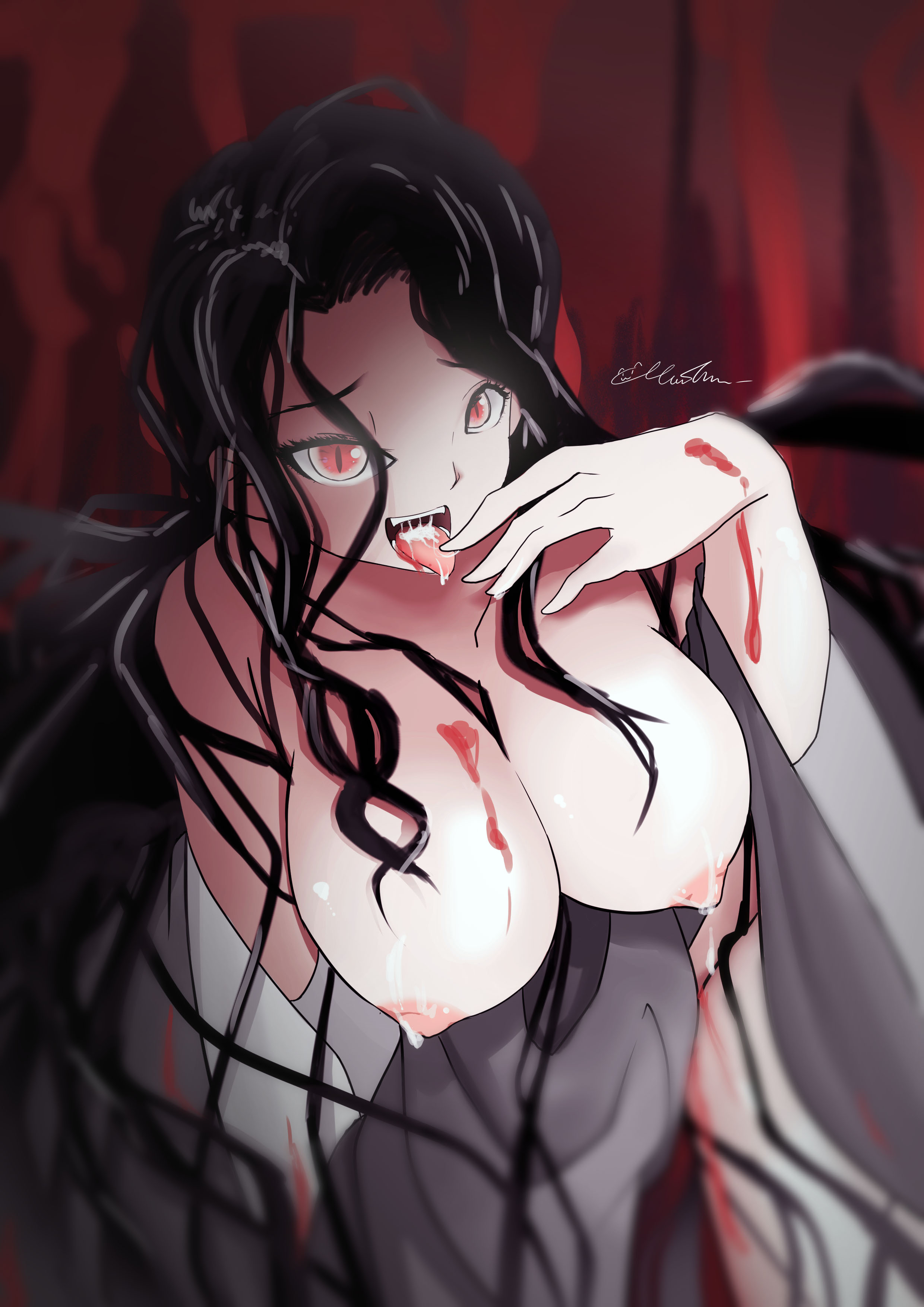 after oral, big breasts, black hair, blood, breasts, breasts out, canon genderswap, cleavage, cum in mouth, demon, demon girl, demon slayer, female, female muzan, female only, genderswap, genderswap (mtf), hair down, kimetsu no yaiba, kimono, long hair, muzan kibutsuji, open mouth, red eyes, rule 63, slit pupils, solo, tongue, tongue out, very long hair, wavy hair