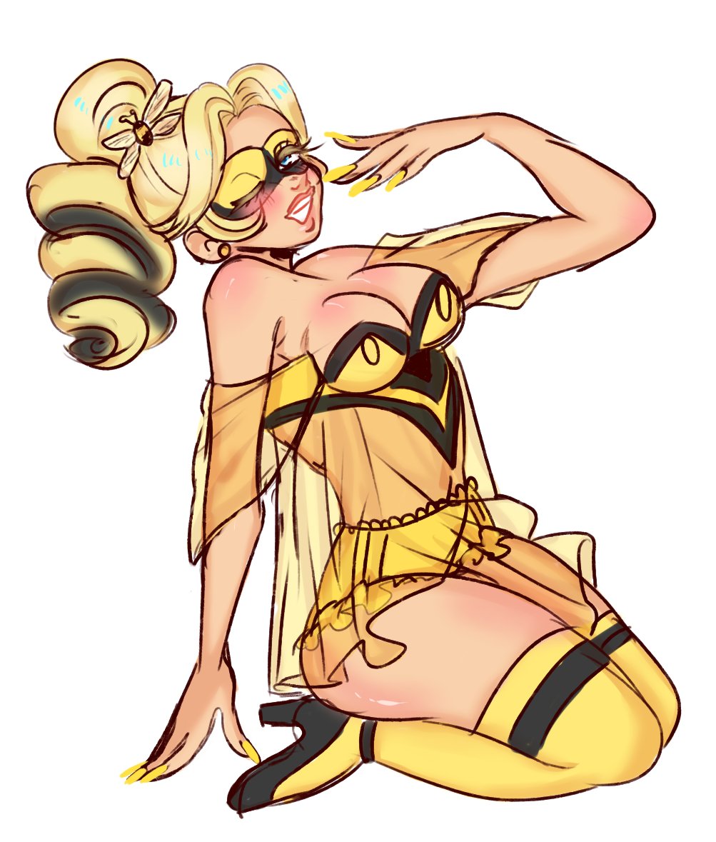 1girls bee chloe_bourgeois domino_mask drill_hair earrings female female_only high_heels kneeling lingerie miraculous_ladybug painted_nails queen_bee_(character) sinkoriin solo thighhighs translucent_clothing yellow_nails