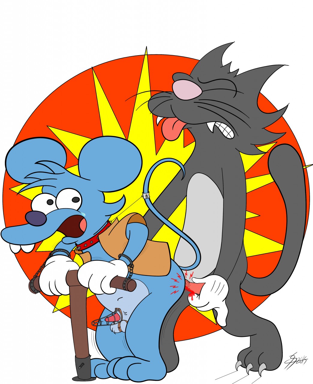 anal anthro barbed_penis black_fur blood blue_fur chastity_cage claws collar fangs feline furry gay itchy_(the_simpsons) lobofeo male male_only mouse open_mouth scratchy_(the_simpsons) the_simpsons whiskers yaoi