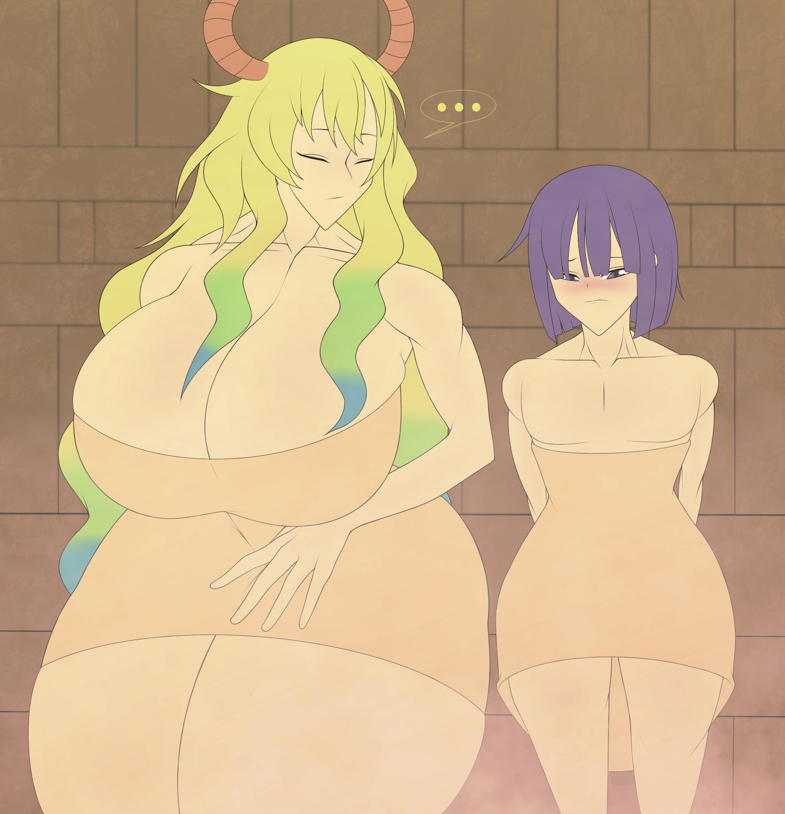 age difference, bangs, blush, breasts, closed eyes, dragonbreaker, female, horns, huge breasts, larger female, looking at another, looking down, lucoa, magatsuchi shouta, male, miss kobayashi's dragon maid, multicolored hair, nervous, older female, purple eyes, purple hair, quetzalcoatl (dragon maid), sauna, shy, smaller male, steam, thick thighs, towel, yellow hair, younger male