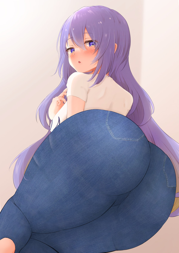 1girls, ass, back view, big ass, clothed, female, female only, hololive, hololive indonesia, hololive indonesia area 15, jeans, looking at viewer, moona hoshinova, pov, purple hair, solo, suica koubou, thick thighs, virtual youtuber, white background