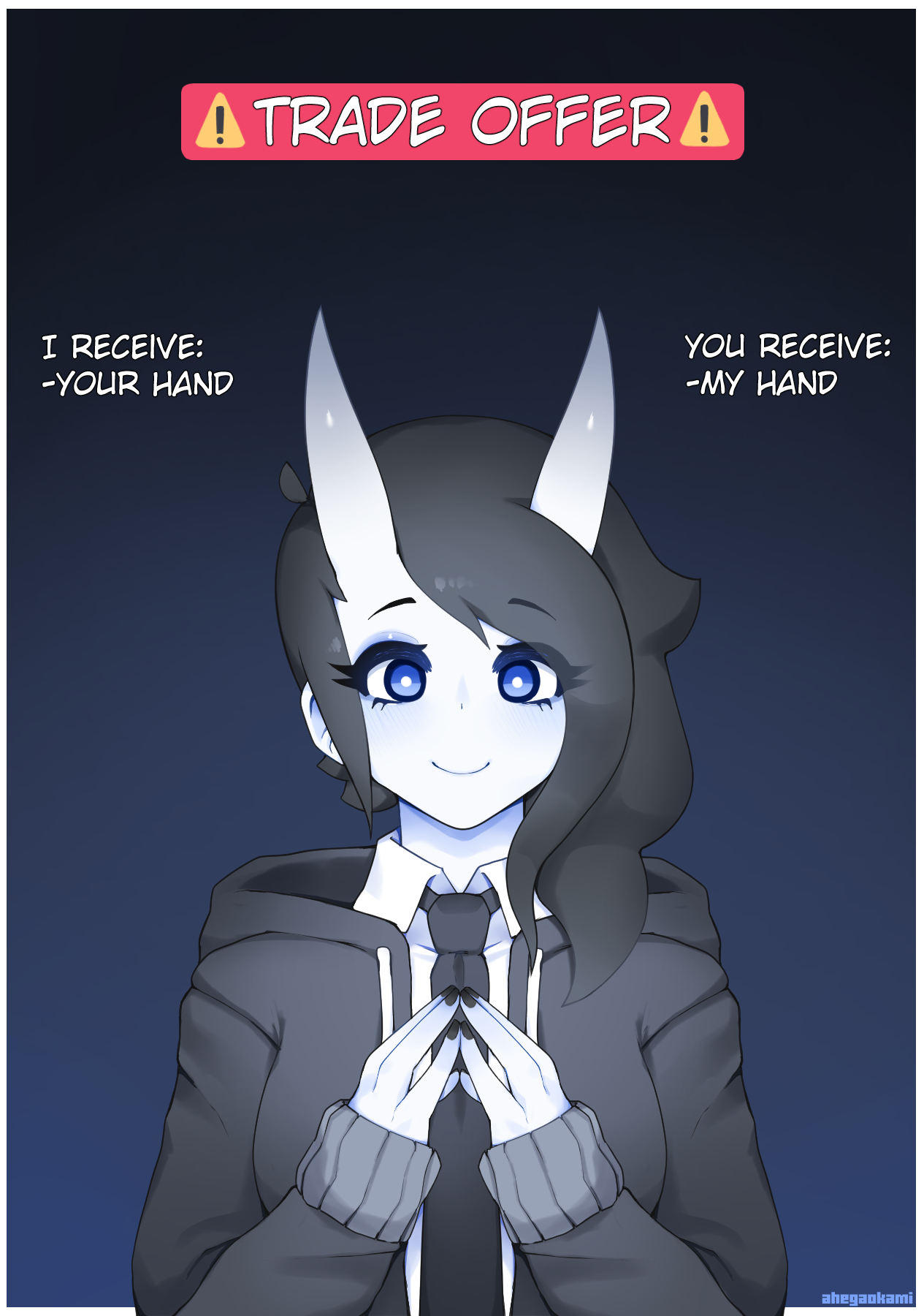 ahegaokami, black nails, blue eyes, demon, demon girl, female, happy, horns, meme, oni, oni horns, original, spooky (ahegaokami), trade offer, wholesome