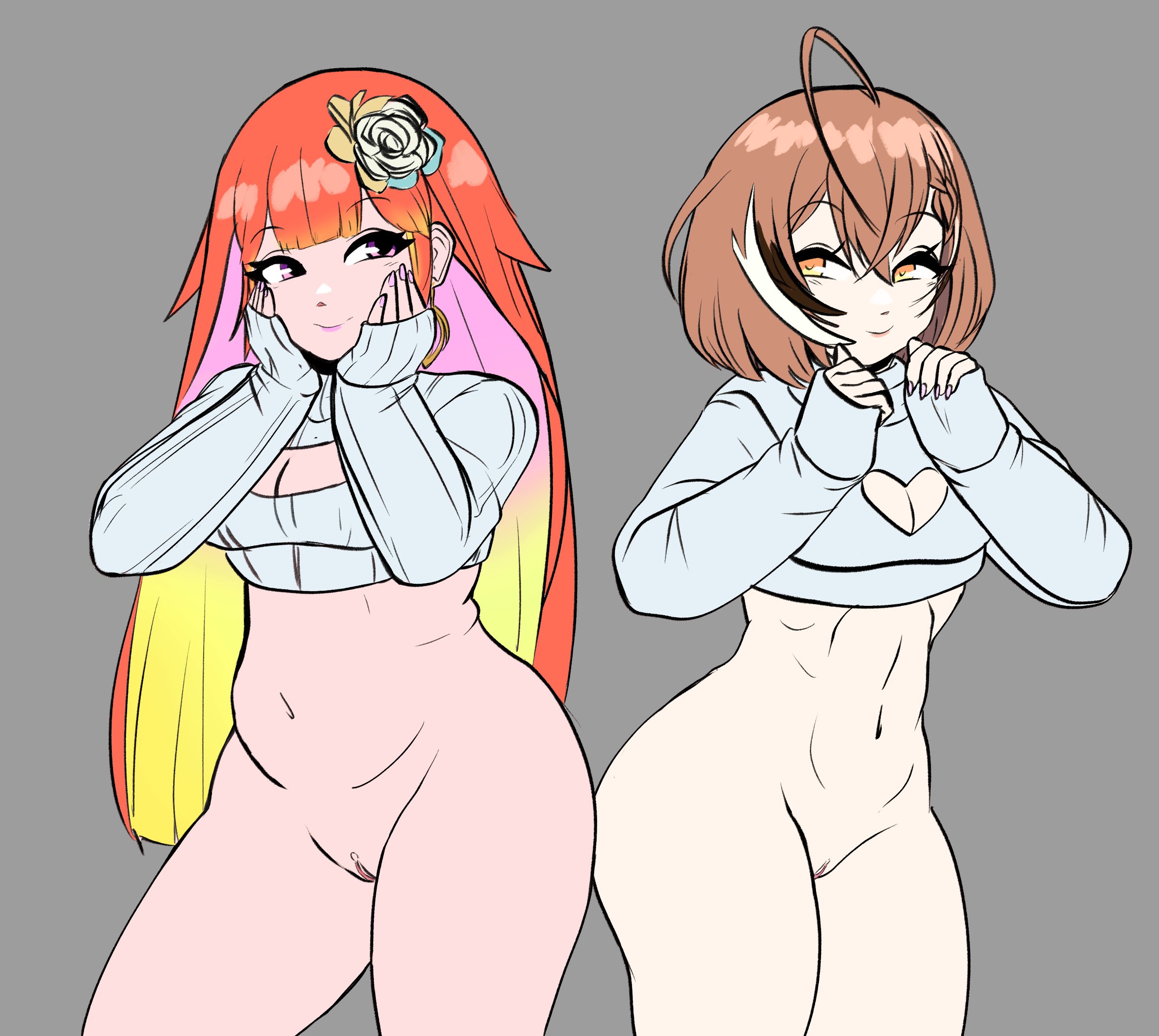 boob heart window, boob window, breasts, brown hair, female, hololive, hololive english, hololive english -council-, hololive english -promise-, hololive myth, nanashi mumei, orange hair, peagade, purple eyes, pussy, sweater, sweater only, tagme, takanashi kiara, vagina, virtual youtuber, yellow eyes