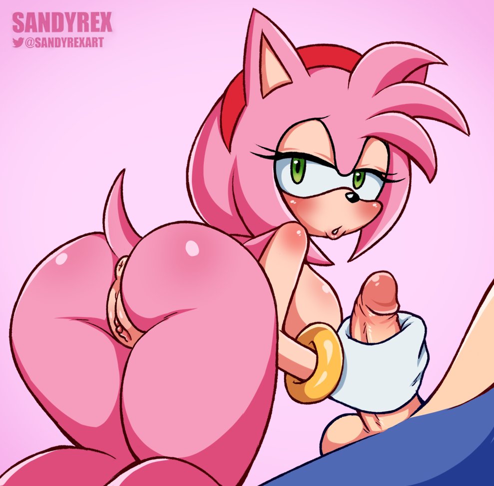 1boy 1girls amy_rose anthro anus ass blush bracelet breasts female furry gloves green_eyes half-closed_eyes handjob large_breasts looking_back male nude penis pink_hair pussy sandyrex sega sideboob solo_focus sonic_(series) sonic_the_hedgehog straight testicles white_gloves