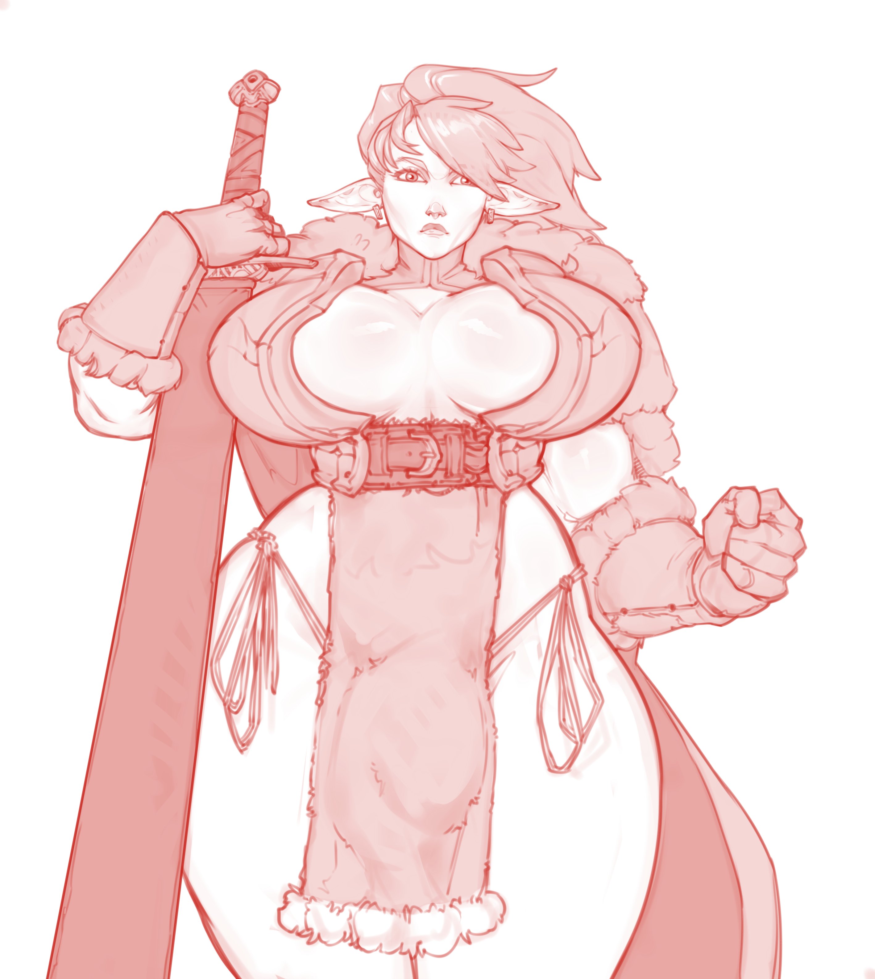 1futa, armor, balls, big breasts, big penis, breasts, bulge, clothed, clothing, elf ears, female, flaccid, futa only, futanari, humanoid, intersex, light skin, light-skinned female, monochrome, mostly clothed, muscular, muscular futa, penis, pointy ears, revealing clothes, sketch, standing, sword, tagme, thick thighs, wahafagart, warrior, wide hips