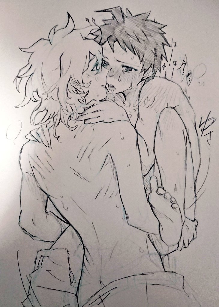 2boys, blush, danganronpa, danganronpa 2: goodbye despair, drooling, gay, hinata hajime, male, male only, male/male, nagito komaeda, scratches, sin master04, stand and carry position, standing, standing sex, straight hair, sweat, traditional media (artwork), translation request, yaoi