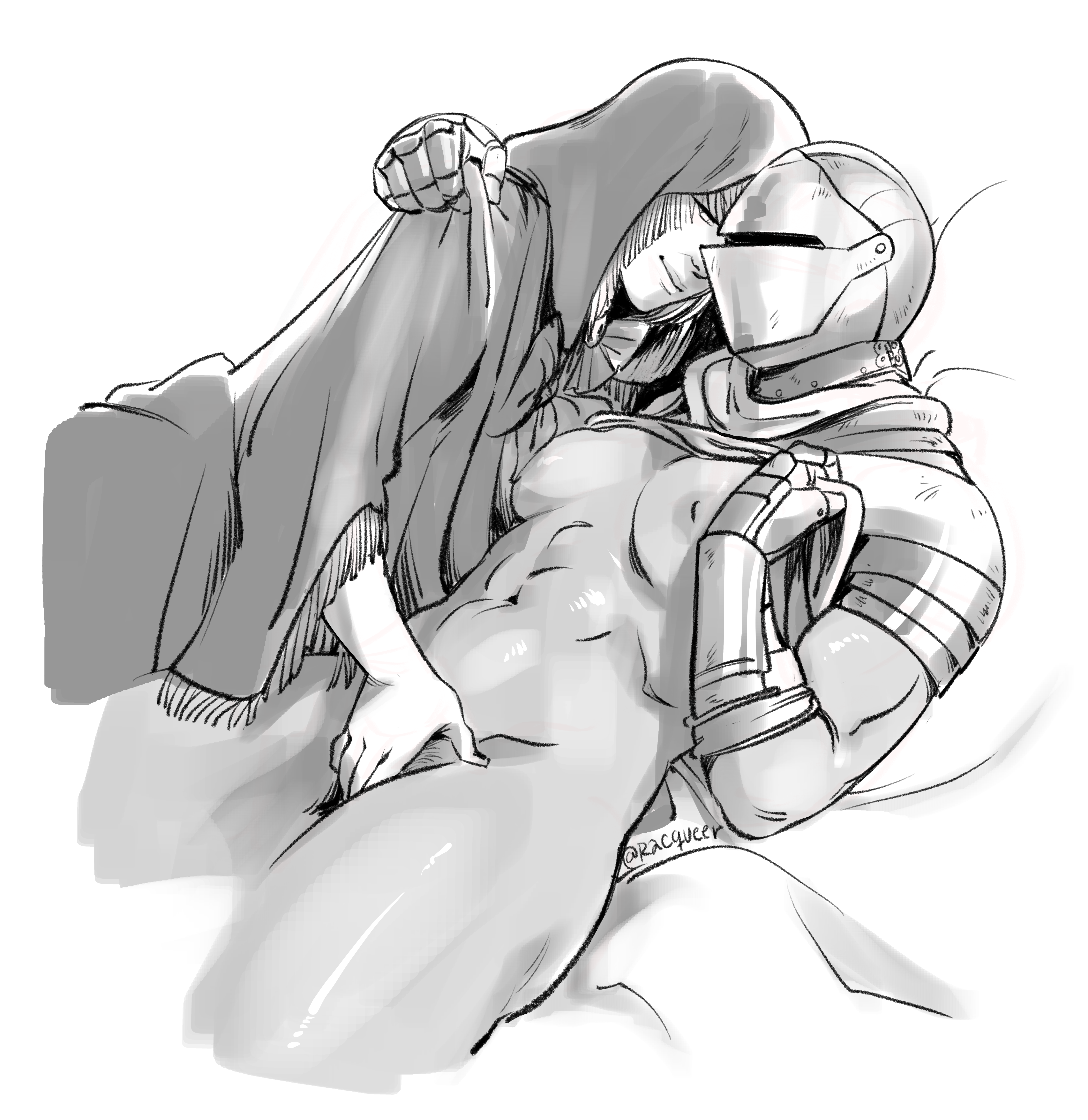 2girls, armor, big breasts, black and white, breasts, breasts to breasts, elden ring, female, female only, fia the deathbed companion, fingering, fingering partner, fromsoftware, helmet, knight, medieval armour, muscular, muscular female, patreon reward, racqueer, tarnished, tarnished female, yuri
