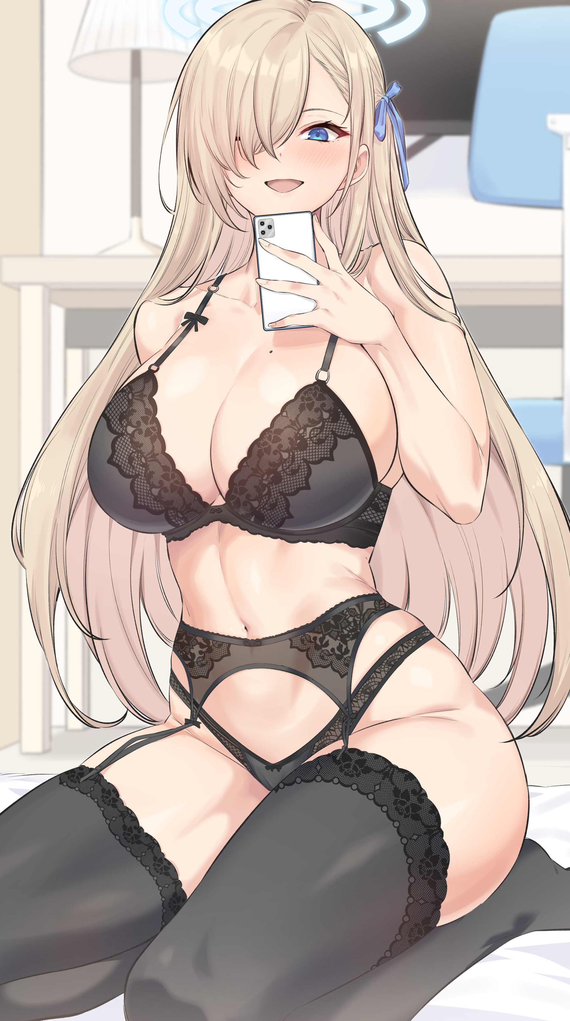 1girls, absurd res, asuna (blue archive), blonde hair, blue archive, blue eyes, bra, breasts, cellphone, cleavage, female, female only, garter belt, garter straps, hi res, kook, large breasts, lingerie, mole, mole on breast, panties, solo, thighhighs, thighs, wide hips