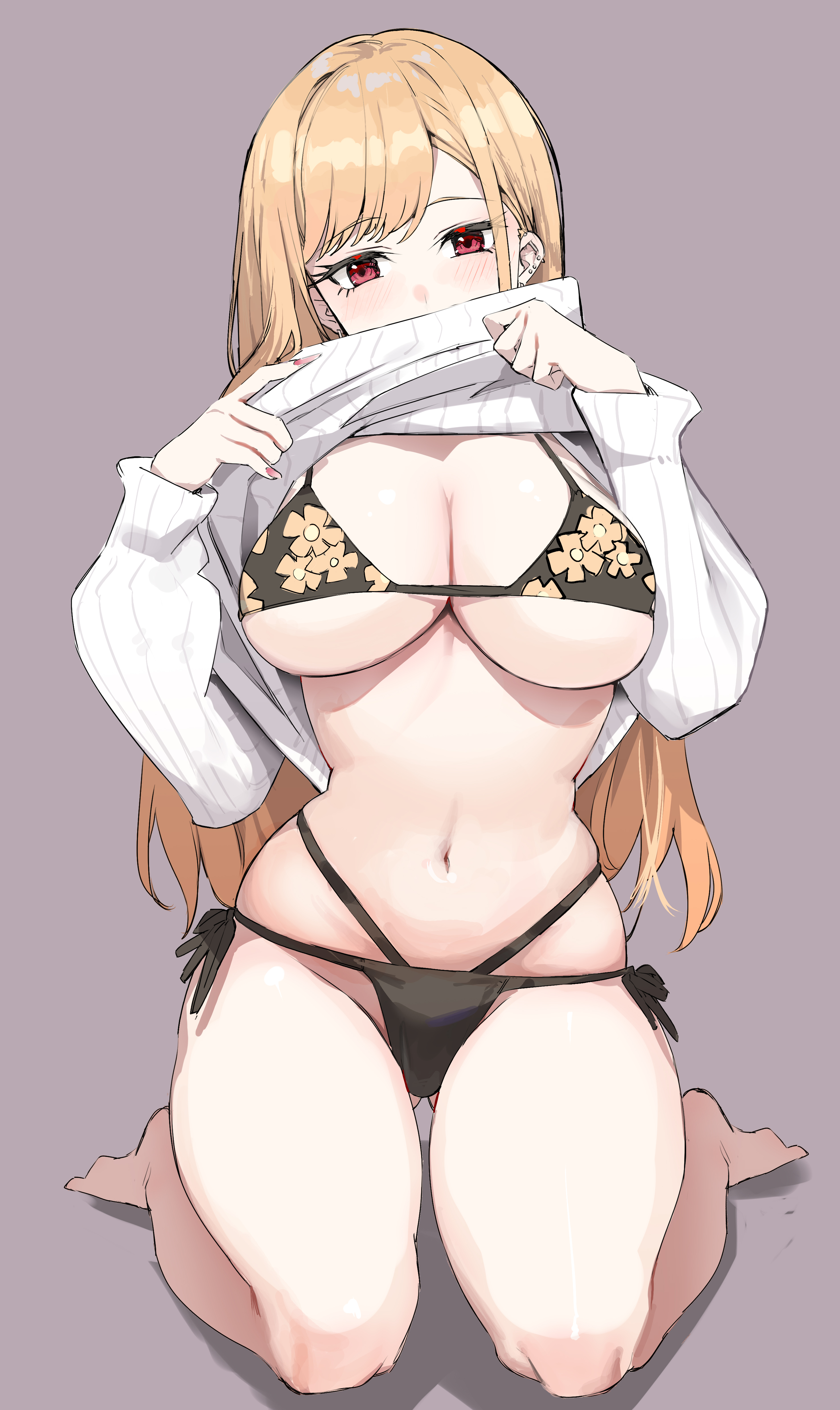 1girls, absurd res, ass visible through thighs, bangs, barefoot, blonde hair, blush, breasts, clothes lift, feet, female, female focus, female only, gyaru, hi res, highres, kitagawa marin, large breasts, long hair, long sleeves, navel, red eyes, simao (x x36131422), sitting, solo, solo female, sono bisque doll wa koi wo suru, sweater, thighs
