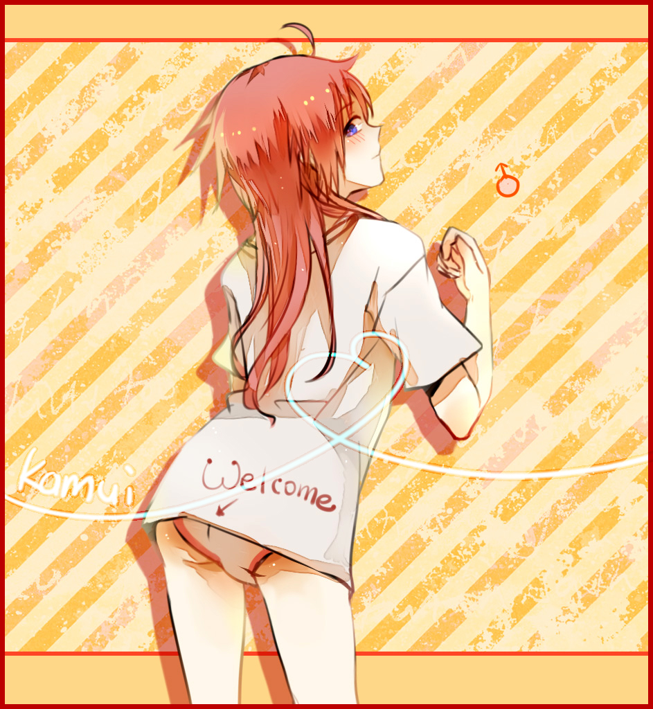 ahoge alternate_costume androgynous bishonen blue_eyes blush femboy gintama hair_down inviting inviting_to_sex kamui_(gintama) long_hair long_hair_male looking_at_viewer looking_back male male_only mars_symbol orange_hair panties solo t-shirt underwear