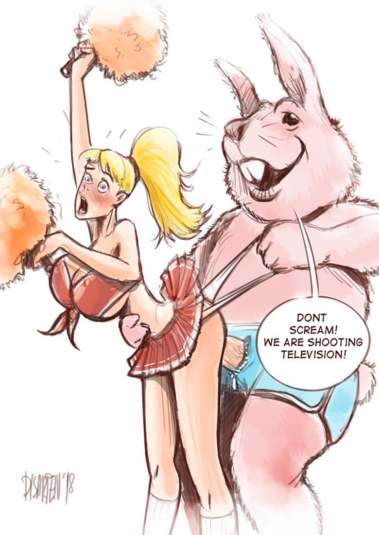 1boy 1girls big_breasts blonde_hair cheerleader cheerleader_uniform colored costume disarten english_text from_behind huge_breasts mascot mascot_costume microskirt penetration rape sex shocked shocked_expression speech_bubble surprised text