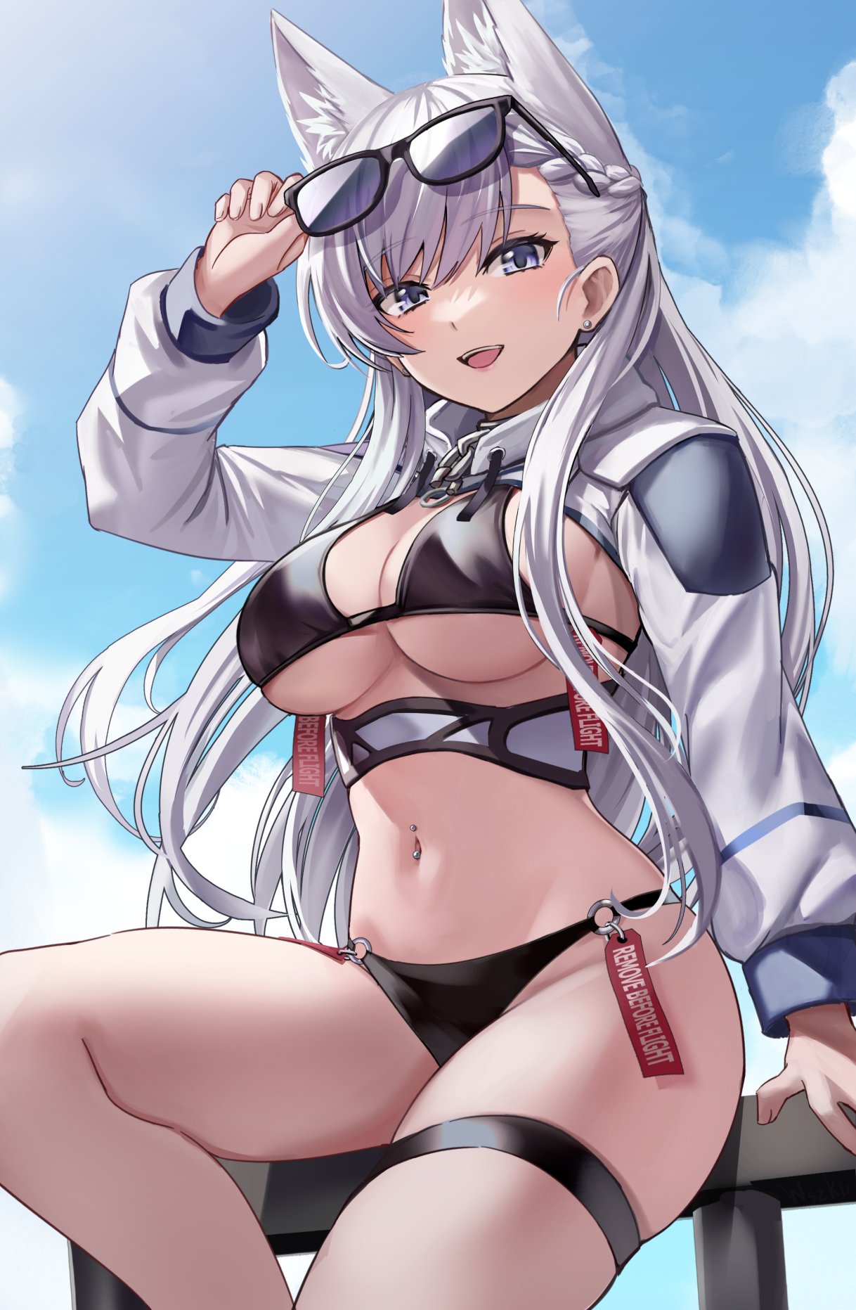 azur lane, belfast (azur lane), bikini, breasts, female, jacket, tagme, underboob, wszkii